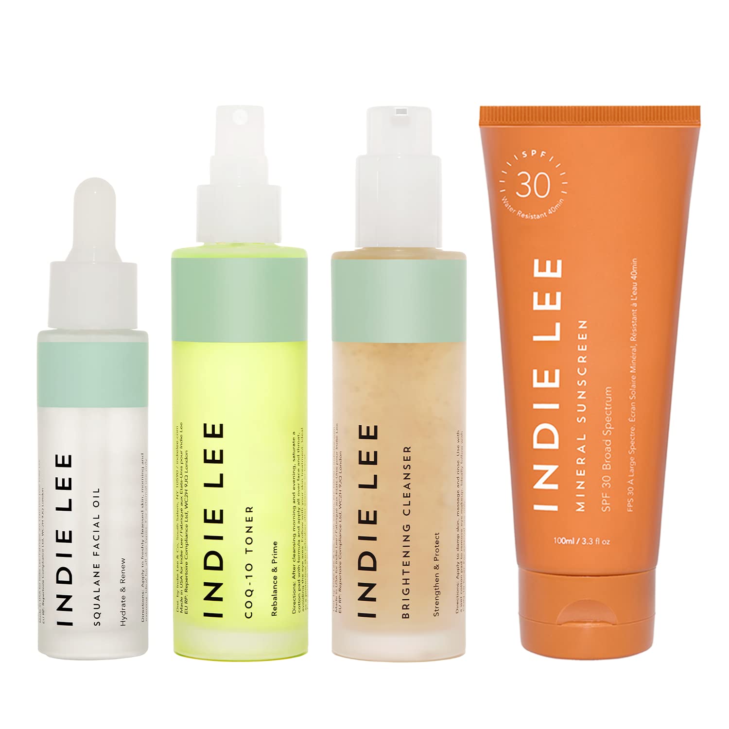 Indie Lee Summer Skincare Bundle - SPF 30 Mineral Sunscreen for Face & Body, CoQ-10 Toning Mist, Daily Cleanser & Hydrating Squalane Facial Oil | Complete Skincare Routine for Summer Protection & Glow