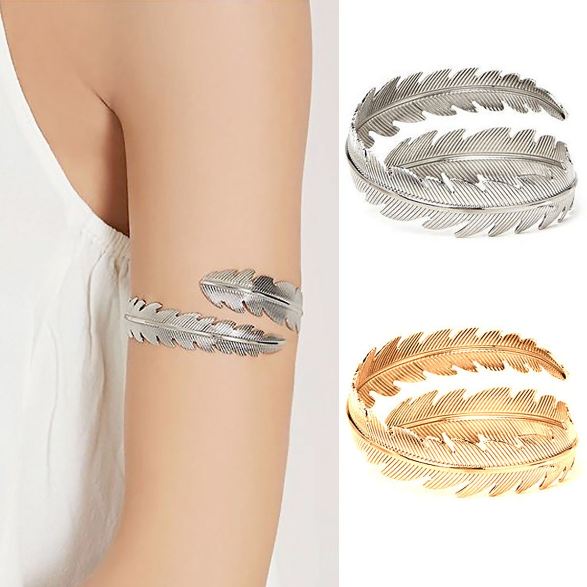 Elegant Women's Metal Feather Leaf Bracelet - Boho Gypsy Arm Cuff Bangle for Bridal & Upper Arm - Perfect for Weddings, Festivals & Boho Fashion Accessories