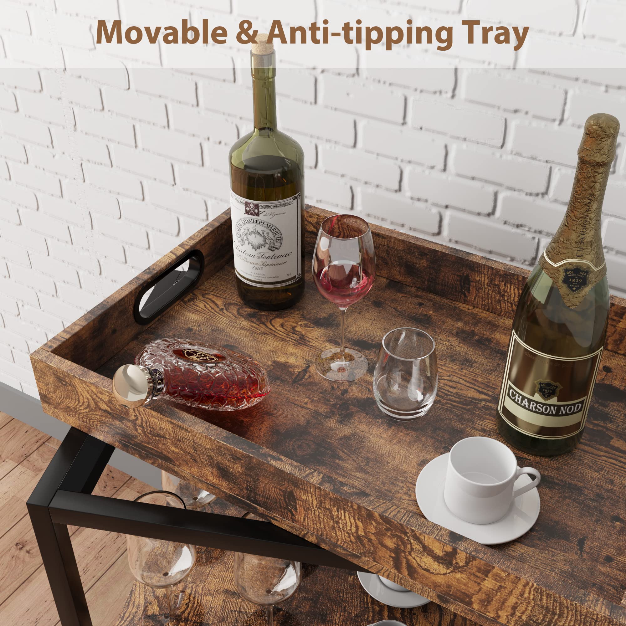 GARVEE 3-Tier Bar Cart with Wine Rack & Locking Wheels - Rustic Wooden Serving Cart with Removable Top Tray - Mobile Beverage Cart for Kitchen, Dining Room, Living Room, Bar or Outdoor Entertaining