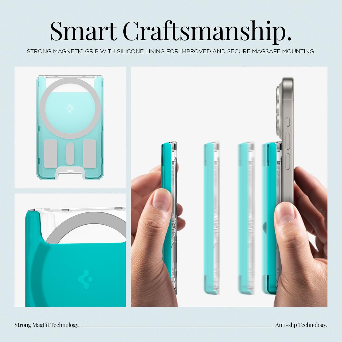 Spigen Ultra Hybrid (MagFit) Magnetic Wallet Case - Clear Transparent Card Holder with MagSafe Compatibility for iPhone 16/15/14/13/12 - Classic C1 Bondi Blue | Perfect for Everyday Use, Commuting & Contactless Payments