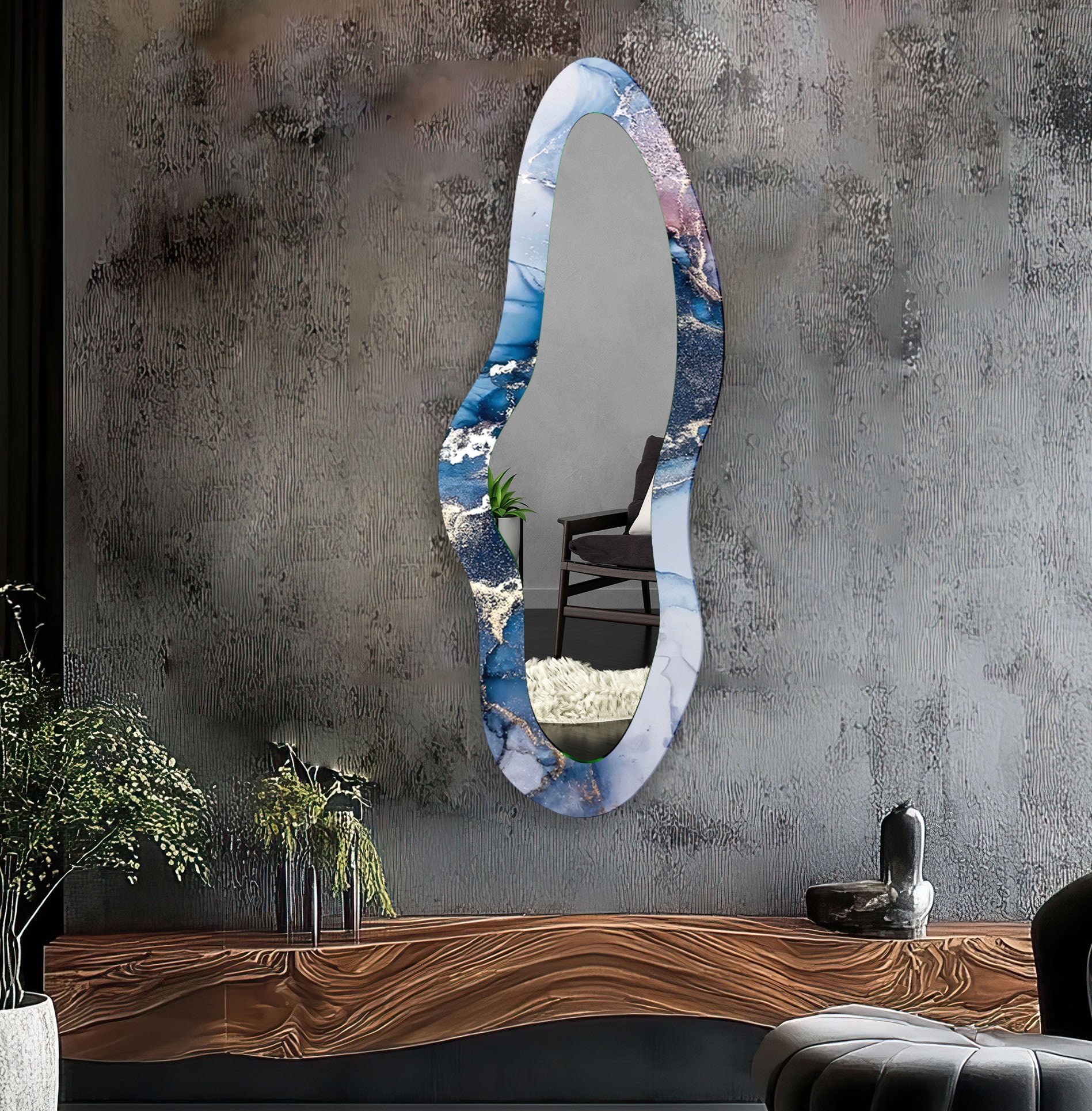 Blue Alcohol Ink Aesthetic Wall Mirror - Handmade Boho Decor for Bedroom, Living Room & Bathroom - Unique Home Wall Art for Modern Interior Design