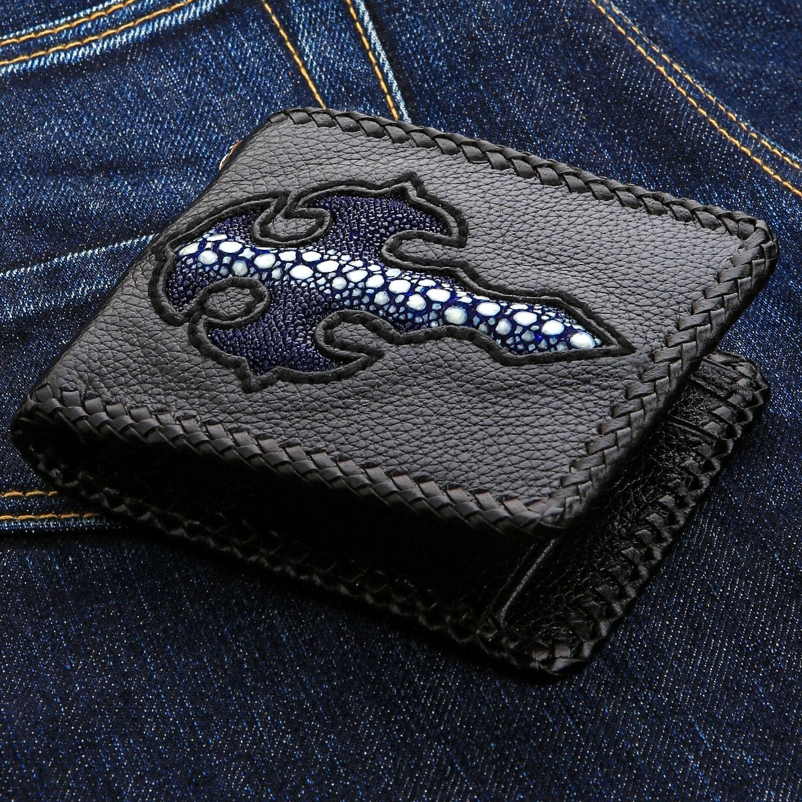 Genuine Exotic Blue Stingray Leather Biker Wallet for Men - Stylish & Durable Crossbody Wallet for Motorcycle Riders, Travel & Everyday Use