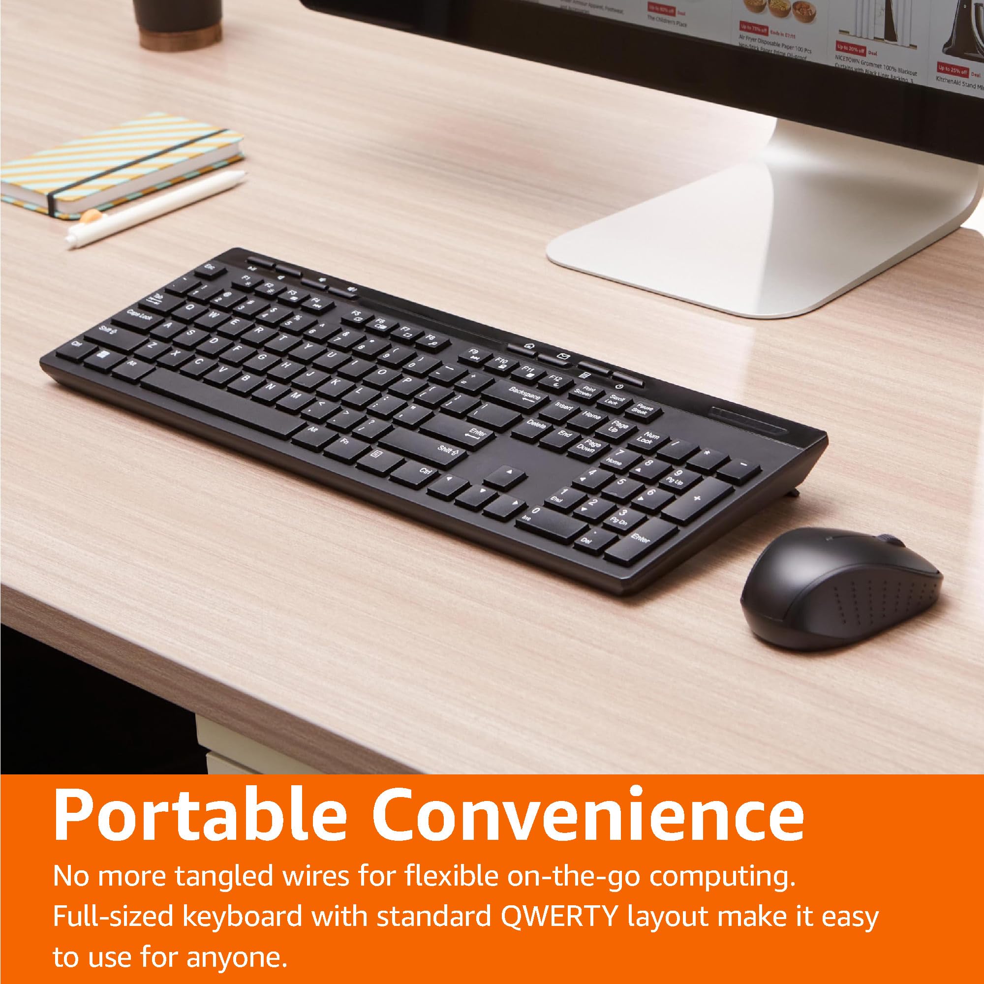 Amazon Basics Wireless Keyboard and Mouse Combo - Full-Sized Ergonomic Design, 2.4GHz USB Receiver, QWERTY Layout, Plug & Play for PC/Laptop (Black) - Perfect for Home Office, Gaming & Everyday Computing