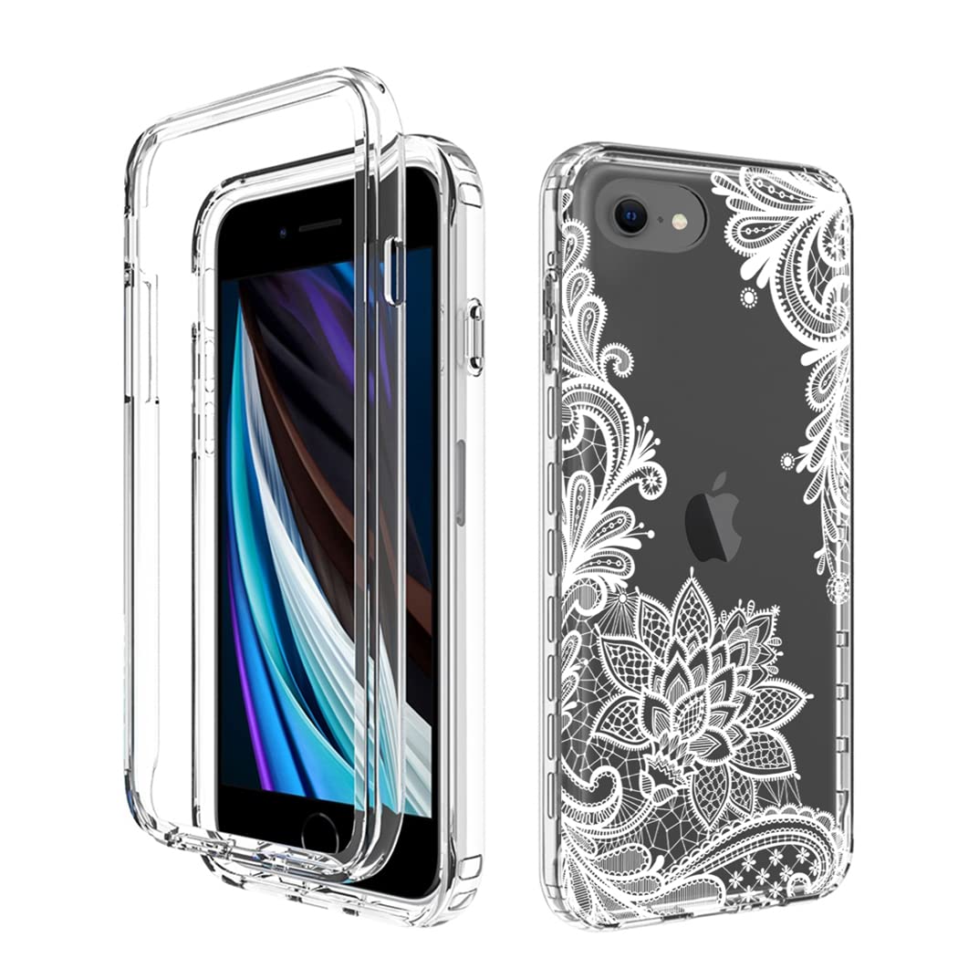 Premium Clear Mandala Phone Case for iPhone SE 2022/SE3/SE 2020/7/8 with Tempered Glass Screen Protector | Full Body Protective Cover | Perfect for Everyday Use, Travel & Gift Giving