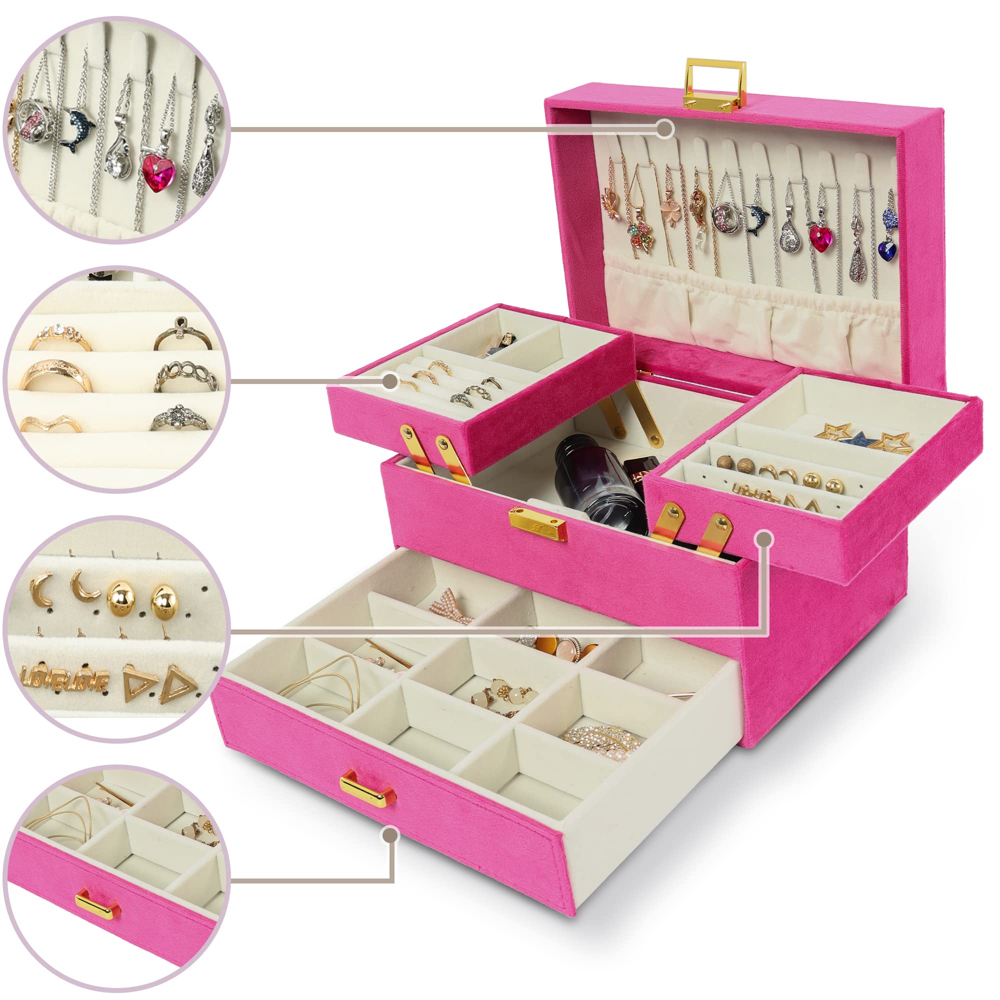 Dajasan 3-Layer Velvet Jewelry Storage Box - Large Jewelry Organizer for Women, Girls, Wife or Mother - Perfect for Travel, Home Decor & Gift Giving (Red)