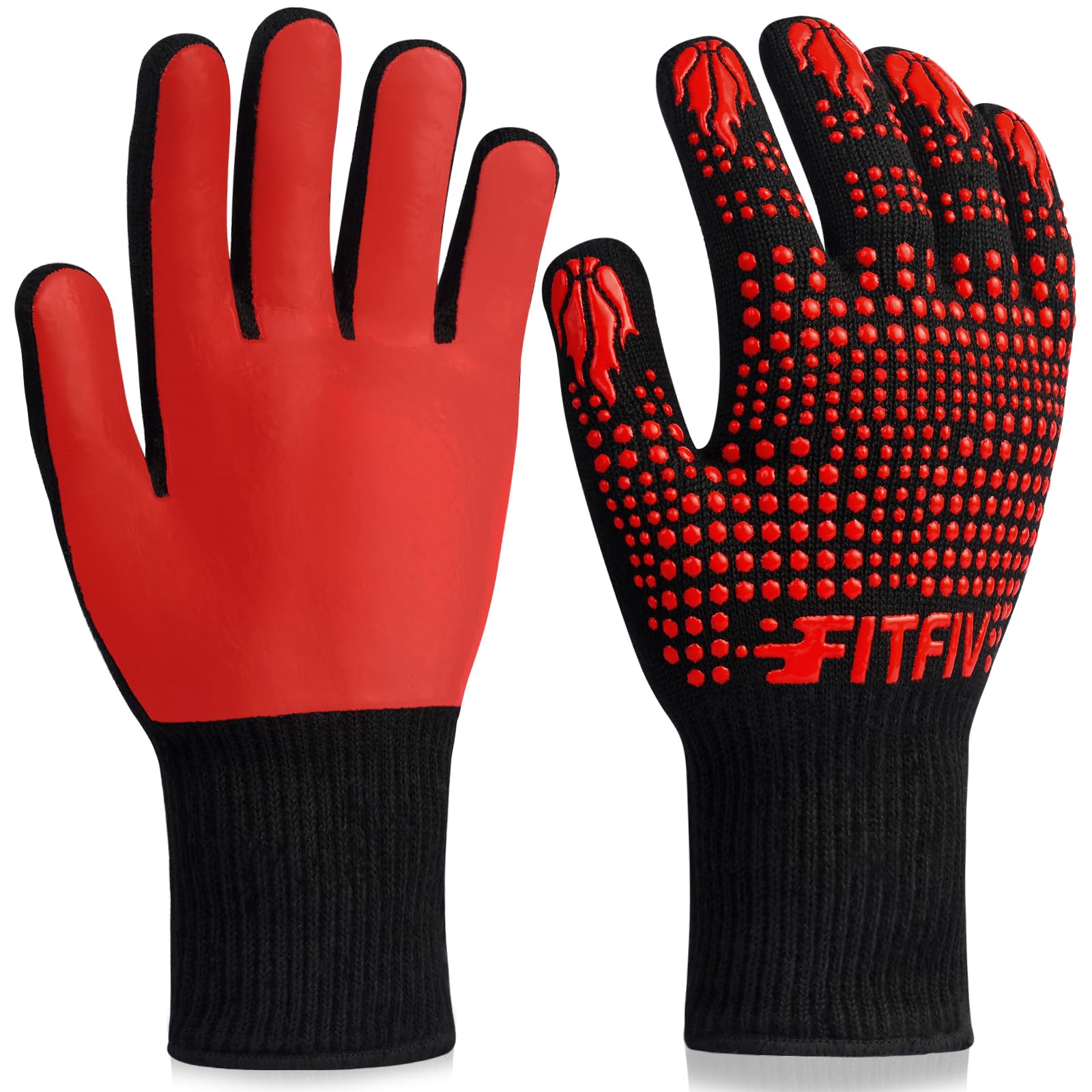 Heat Resistant BBQ Gloves 1472°F - Non-Slip Silicone Oven Mitts for Grilling, Baking, Cooking & Outdoor Camping - Perfect for Backyard BBQs, Fire Pits & Kitchen Safety (Red)