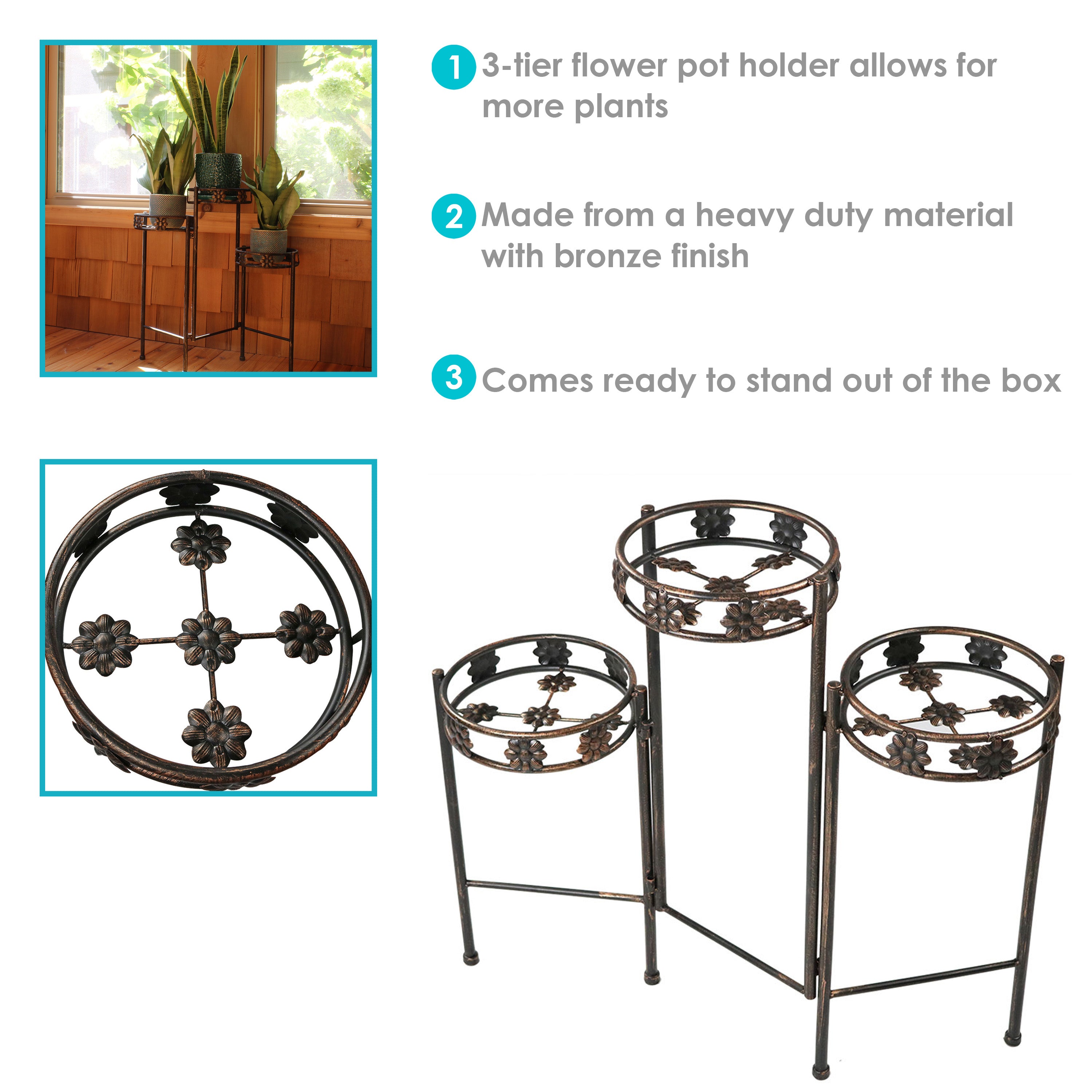 Sunnydaze 3 Tier Folding Plant Stand - 29 Inch Tall Indoor Outdoor Metal Flower Pot Holder for Patio, Garden, Balcony Decor - Perfect for Displaying Potted Plants, Herbs, and Succulents