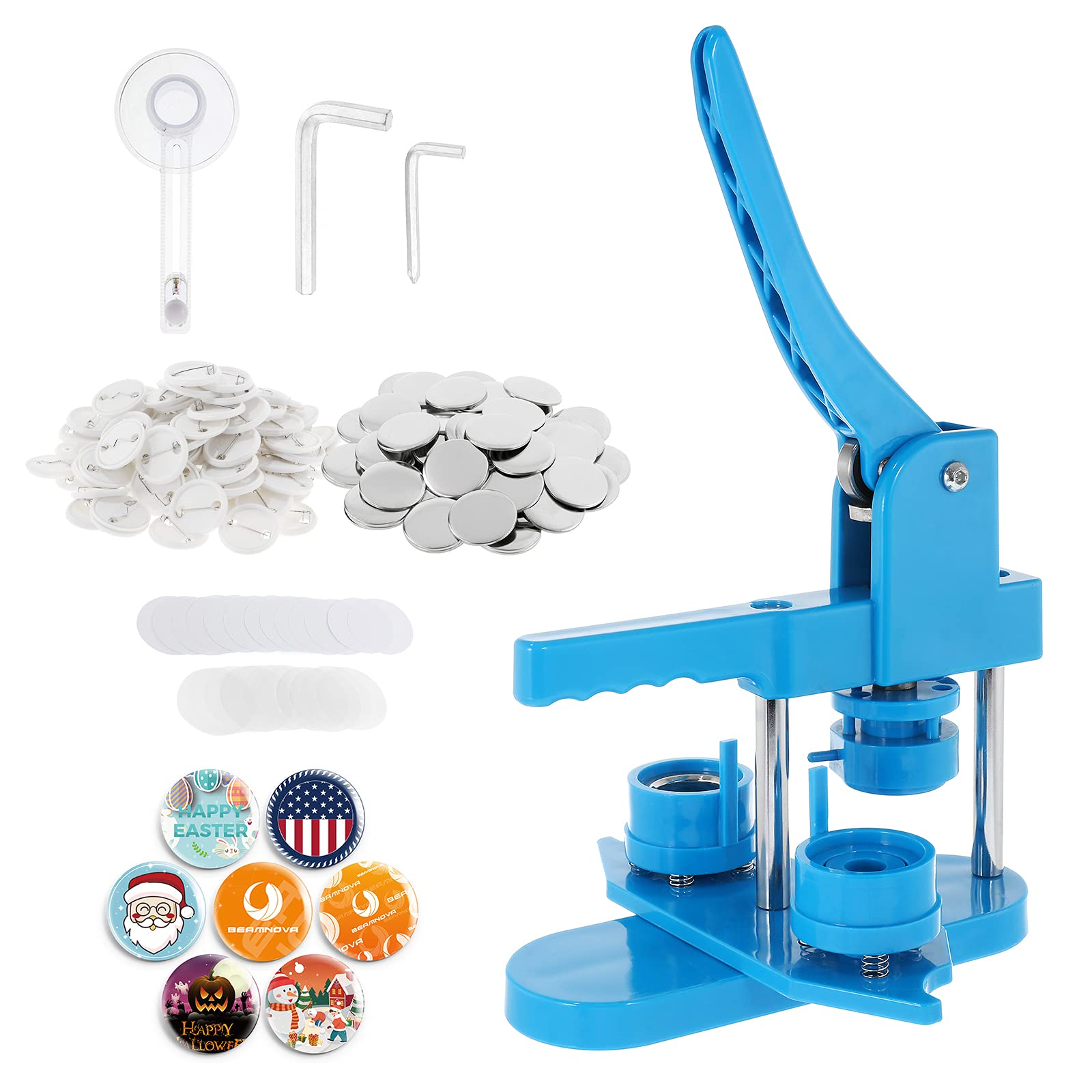 BEAMNOVA 32mm (1.26 Inch) Round Button Maker Machine Kit with 200 Button Parts - Rotary Style DIY Pin Badge Press for Crafts, Events & Promotions (Blue) - Perfect for Custom Pins, Fundraisers, School Projects & Business Branding