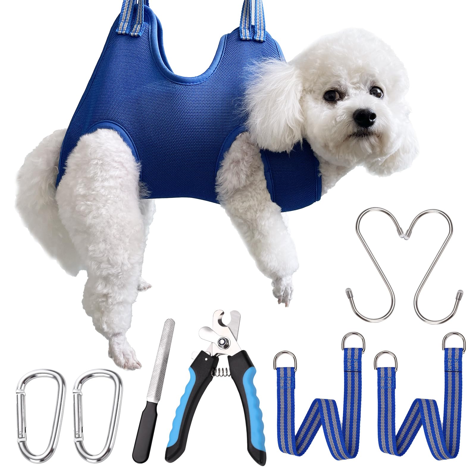 OVTEXZOG Dog Grooming Hammock Harness - Adjustable Pet Sling for Nail Trimming, Bathing & Grooming - Includes Nail Clippers & Restraint Bag - Small Size Supports Up to 30LBS (Blue) - Perfect for At-Home Pet Care & Professional Grooming Sessions