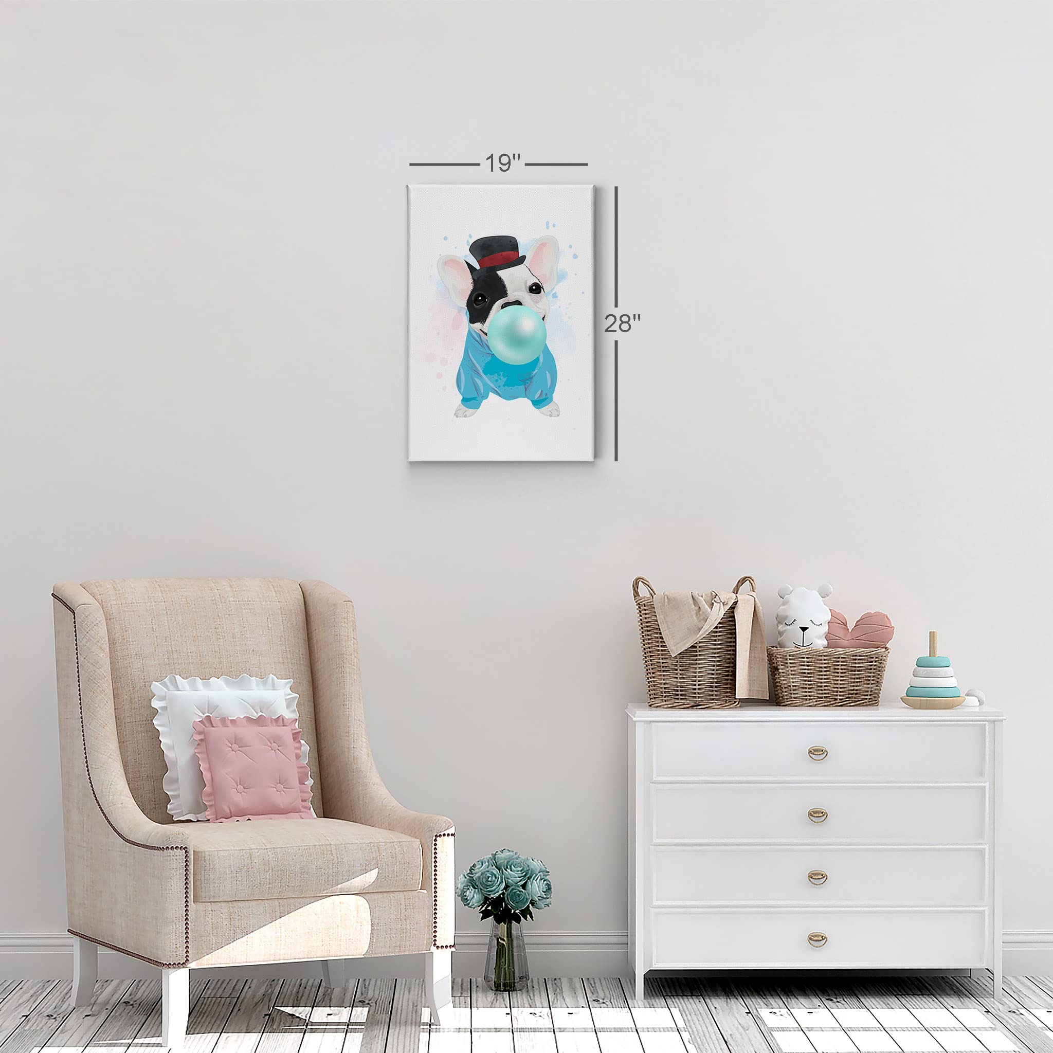 French Bulldog Portrait Sweatshirt & Hat Chewing Teal Blue Bubble Gum - Pet Lover Canvas Wall Art Print 12x8 - Perfect for Dog Themed Living Room, Bedroom, Nursery & Kids Room Decor