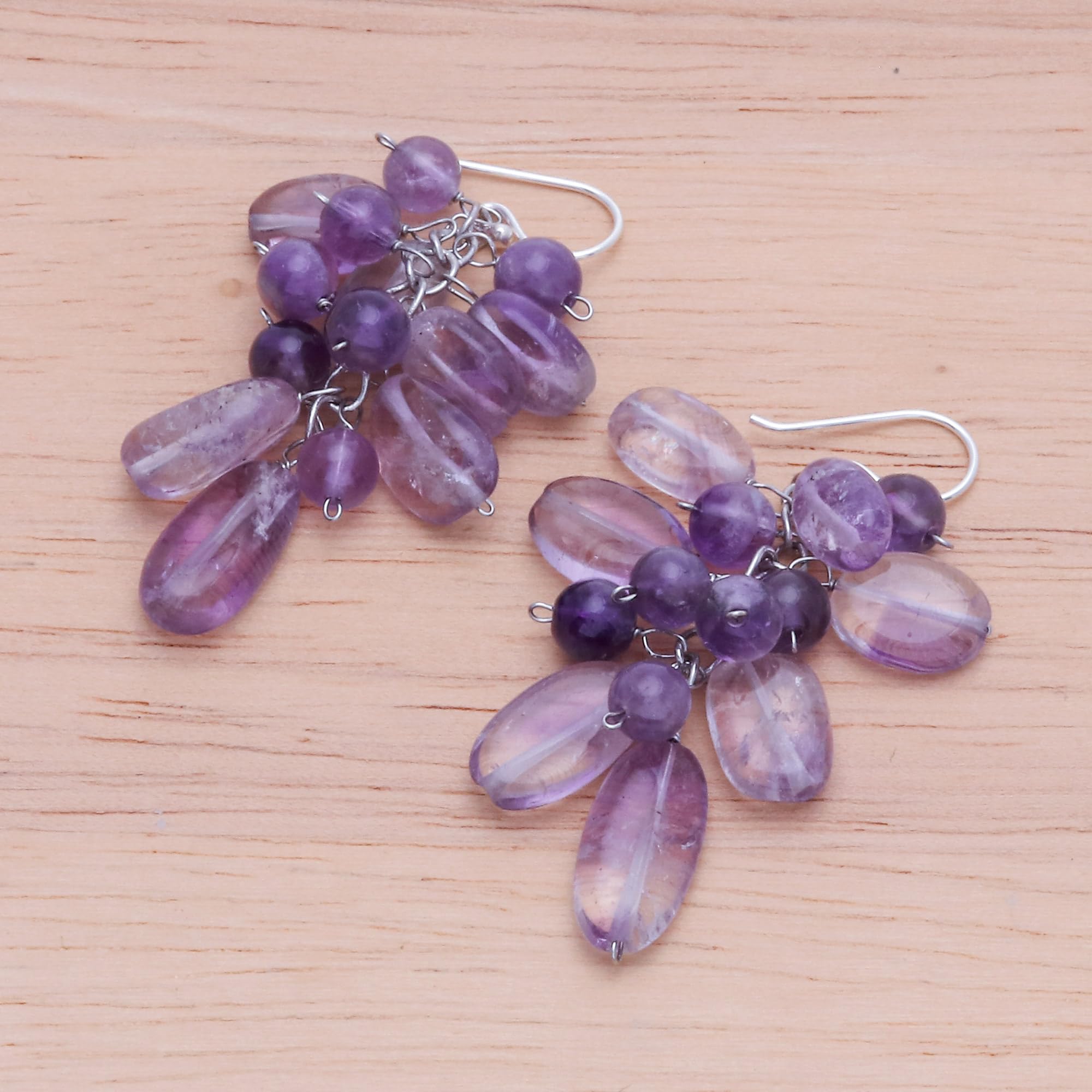 NOVICA Handmade .925 Sterling Silver Amethyst Cluster Dangle Earrings | Artisan Jewelry for Women | Gift for Her | Perfect for Weddings, Parties & Special Occasions