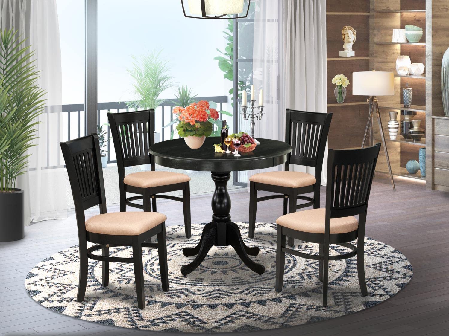 East West Furniture SHVA5-BLK-C 5-Piece Modern Black Dining Table Set with Round Pedestal Table & 4 Upholstered Chairs, 42x42 Inch - Perfect for Small Kitchens, Breakfast Nooks & Contemporary Dining Rooms
