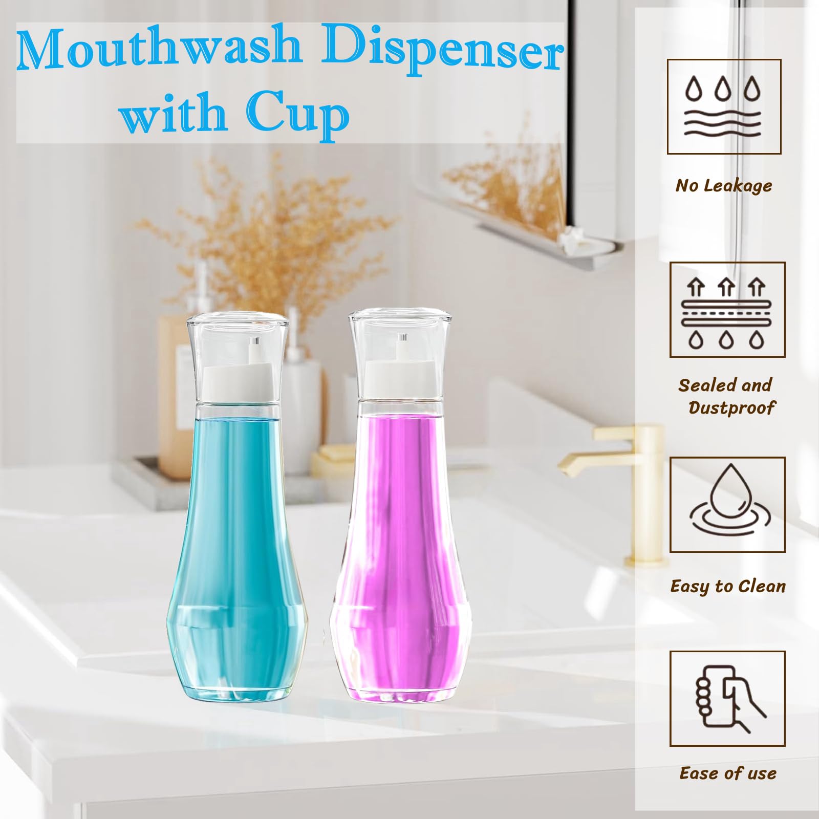1 Pack 8.8oz Clear Glass Mouthwash Dispenser with Lid Cup - Refillable Bathroom Mouth Wash Container Bottle for Countertop, Vanity & Travel - Includes 4 Pcs Labels (Perfect for Home, Hotel & Office Use)