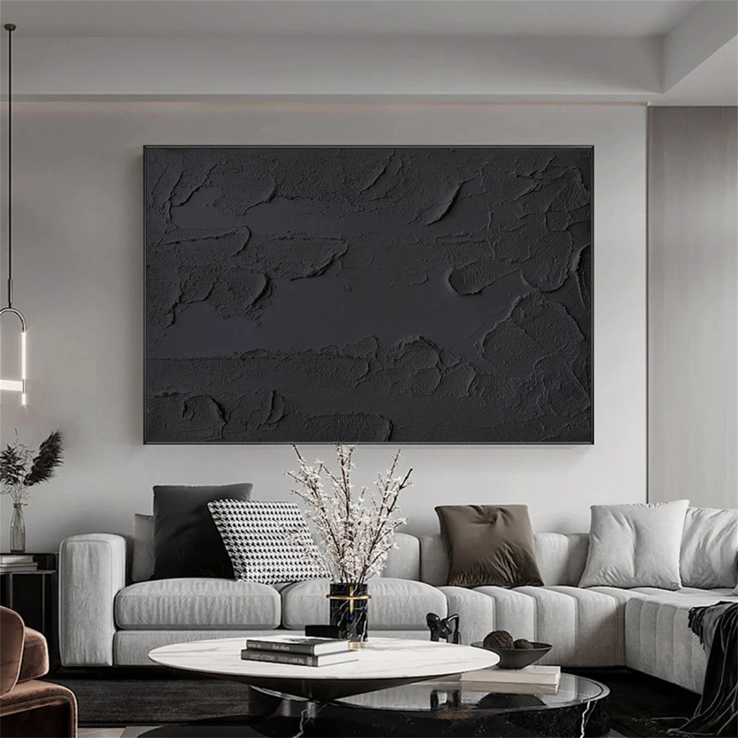 Black Minimalist Textured Painting Canvas Wall Art - Modern Abstract Home Decor for Living Room, Bedroom & Office | #MZ051