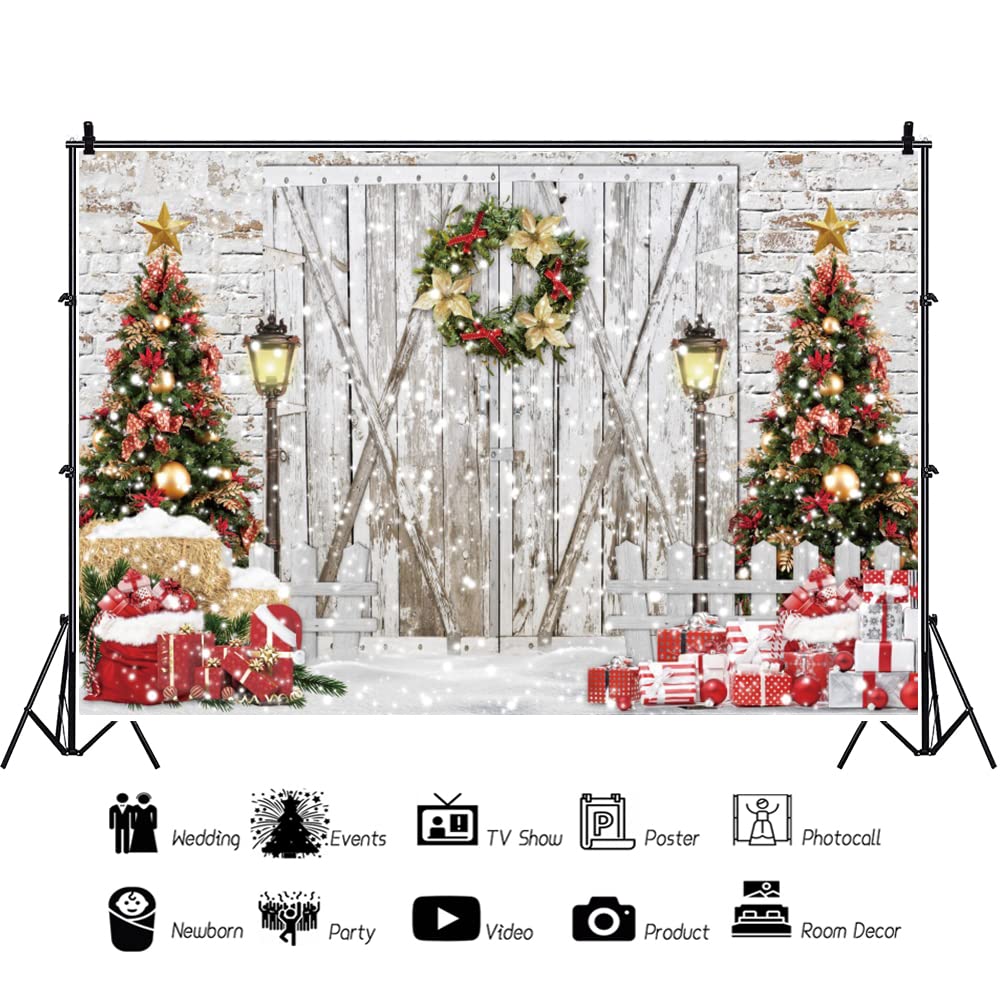 20x10ft Christmas Photography Backdrop - Snowy Winter Wreath on Wooden Door with Brick Wall & Pine Tree Decor - Gold Red Ornaments Holiday Photo Background for Xmas Party, Family Portraits & Social Media Content