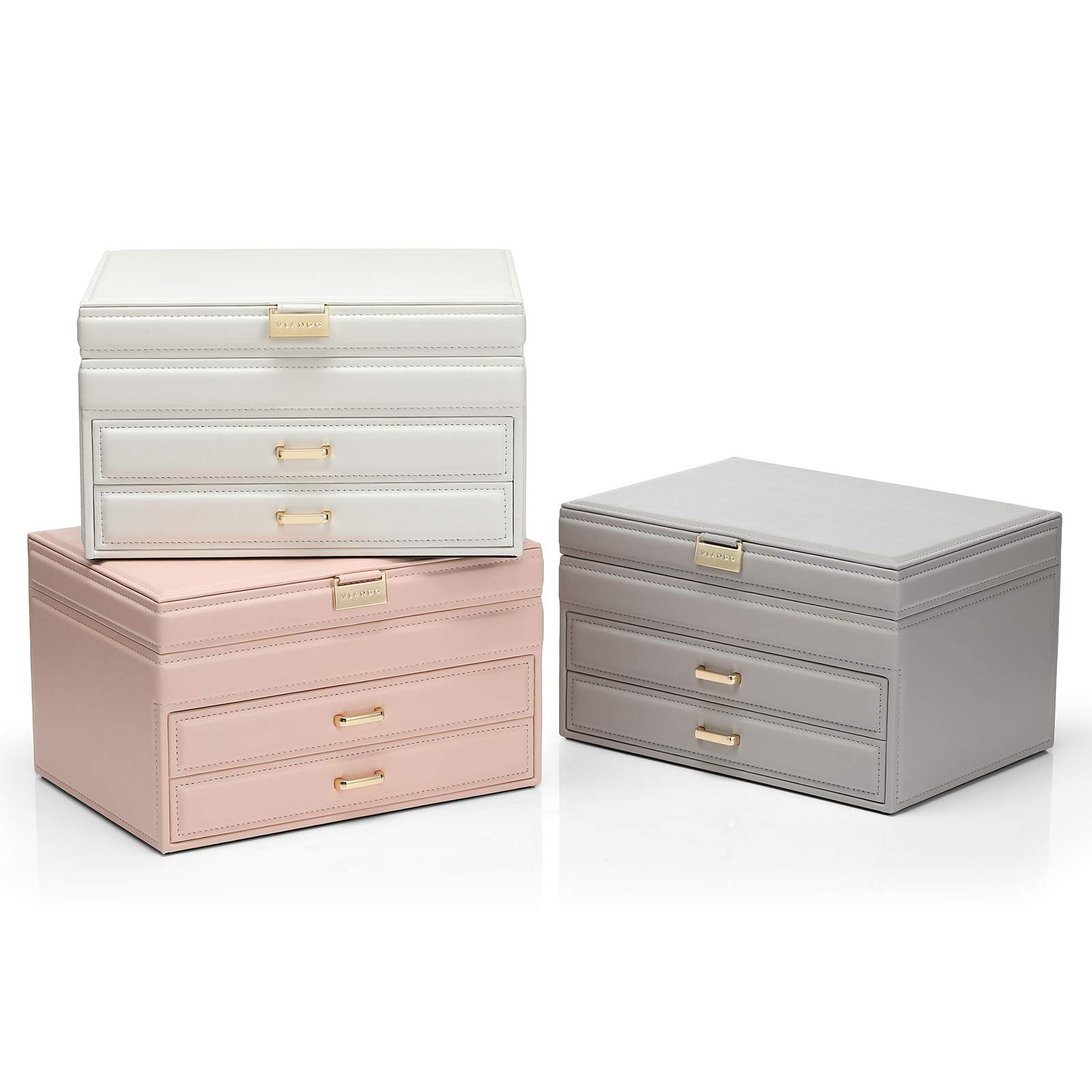 Vlando Large-Capacity Faux Leather Jewelry Box with Mirror - Pink Jewelry Organizer for Earrings, Necklaces, Rings & Bracelets - Perfect Gift for Women, Girls & Mothers Day - Ideal for Bedroom Vanity, Travel & Gift Giving