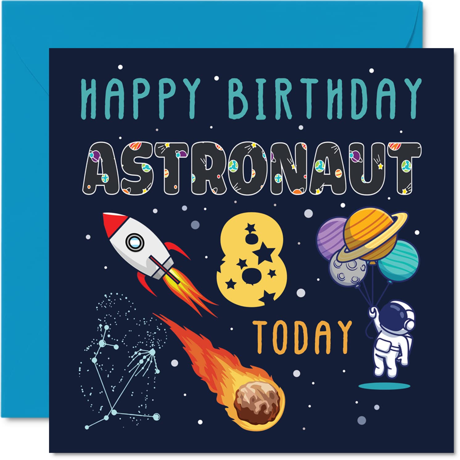 8th Birthday Card for Boys & Girls - Space Astronaut Cosmos Theme - 5.7x5.7 Inch Greeting Card for Son, Daughter, Niece, Nephew, Grandson | Perfect for Birthday Parties, School Celebrations & Special Moments