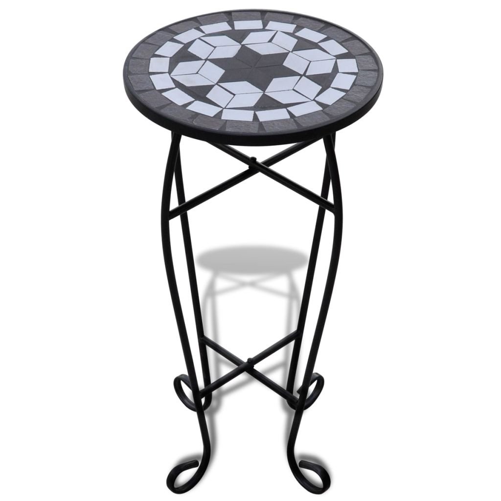 Round Ceramic Tile Plant Stand - Indoor/Outdoor Accent Table for Sofa, Couch & Patio - Black & White Home Garden Furniture for Living Room, Balcony & Deck Decor