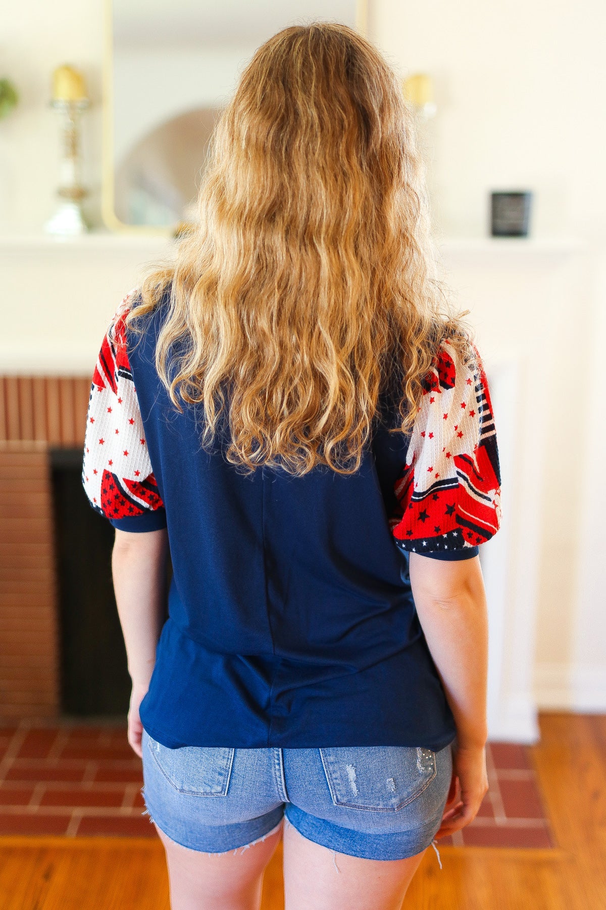 Stylish Navy Patriotic Patchwork Puff Sleeve Top for Women - Perfect for Holiday Parties & 4th of July Celebrations