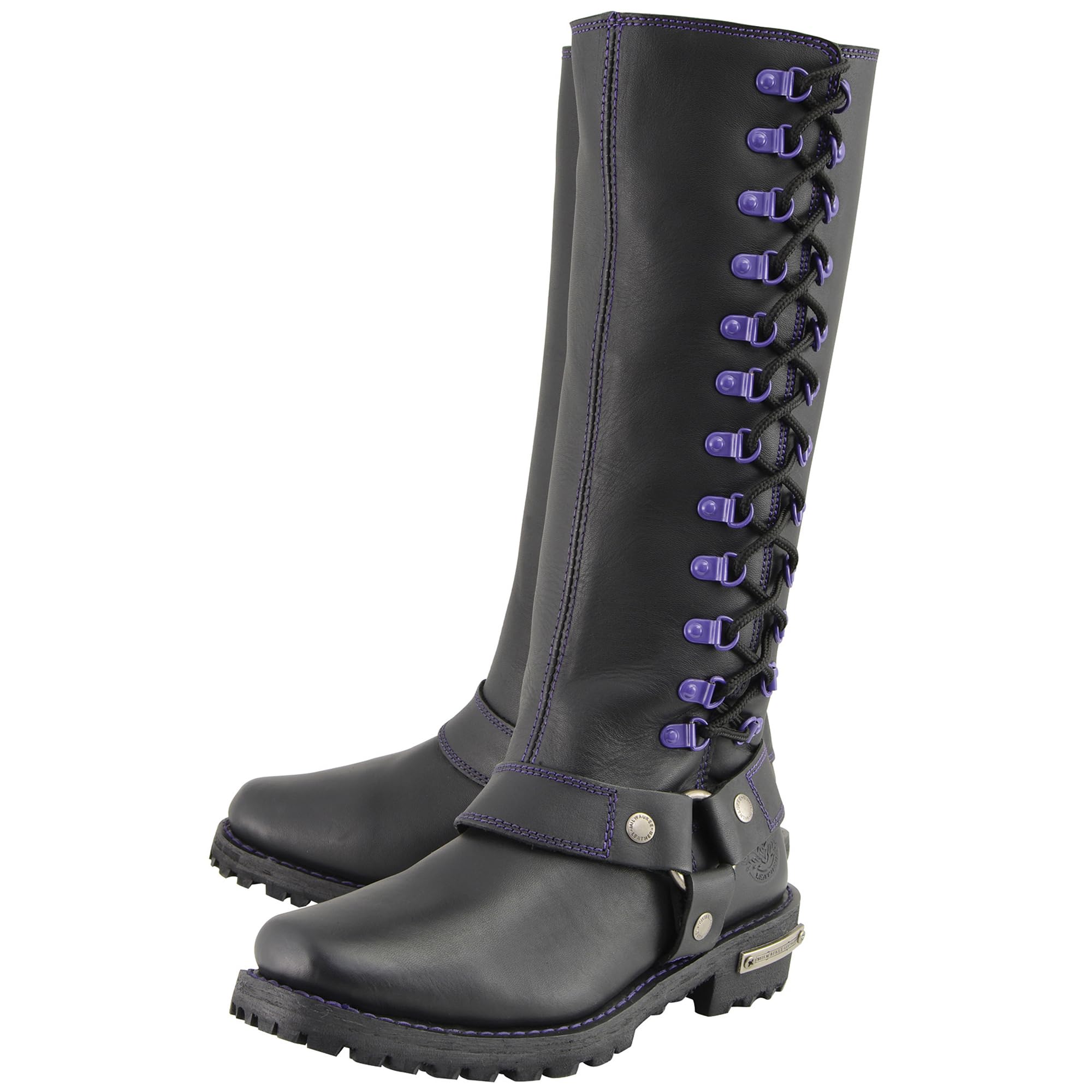 Milwaukee Leather Women's Black 14-inch Motorcycle Boots with Purple & Pink Lacing - Harness Style Biker Boots for Riding & Fashion (MBL9366-MBL9367) | Perfect for Cruiser Motorcycles & Urban Streetwear