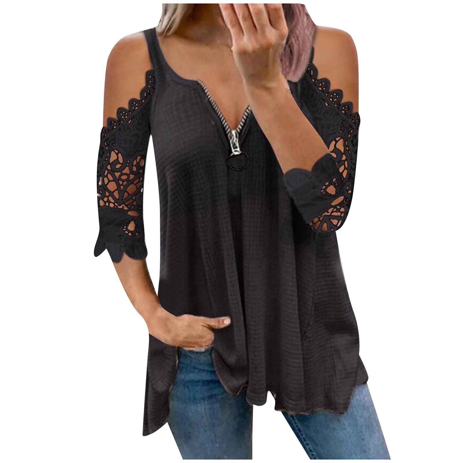 Women's Summer Cold Shoulder Top - Short Sleeve Loose Lace Crochet Tunic Blouse with Zipper Detail | Casual Waffle T-Shirt for Beach, Vacation & Everyday Wear