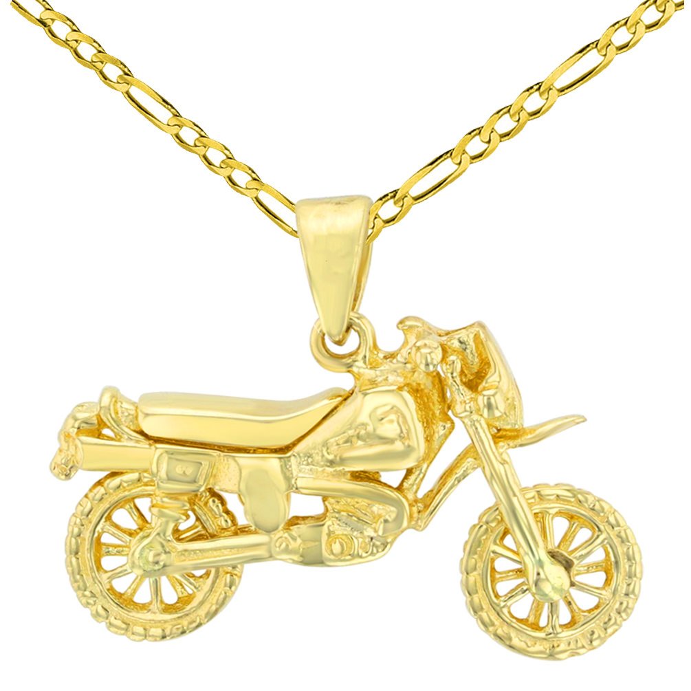 14K Solid Yellow Gold Motorcycle Bike Pendant with Figaro Chain Necklace - Perfect Gift for Bikers & Motorcycle Enthusiasts