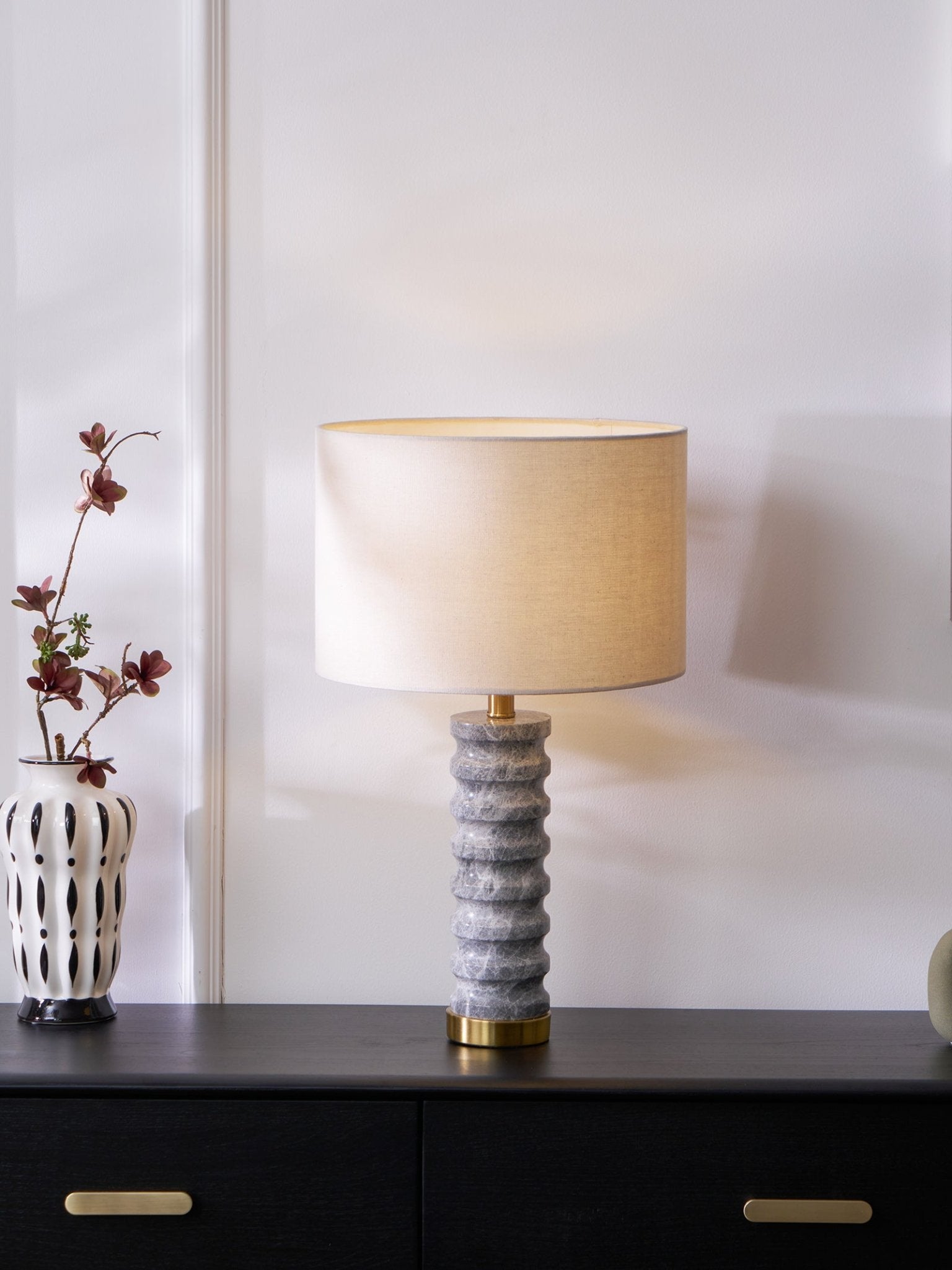 Rivara Modern Stone Table Lamp - Natural Stone Base with Fabric Shade for Bedroom, Living Room, and Office Decor