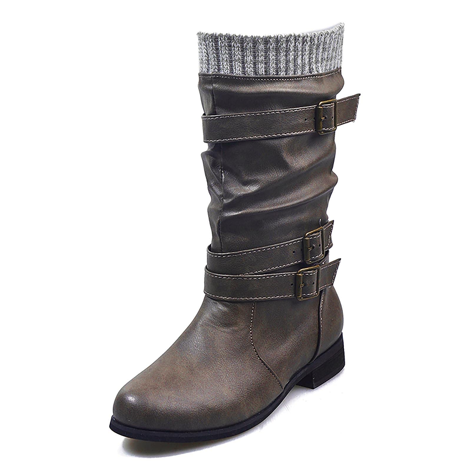 Oiangi Women's Winter Boots - Fashion Round Toe Buckle Strap Chunky Heel Slip-On Mid Calf Boots | Retro Comfortable Casual Ladies Footwear for Work, Dating & Daily Wear