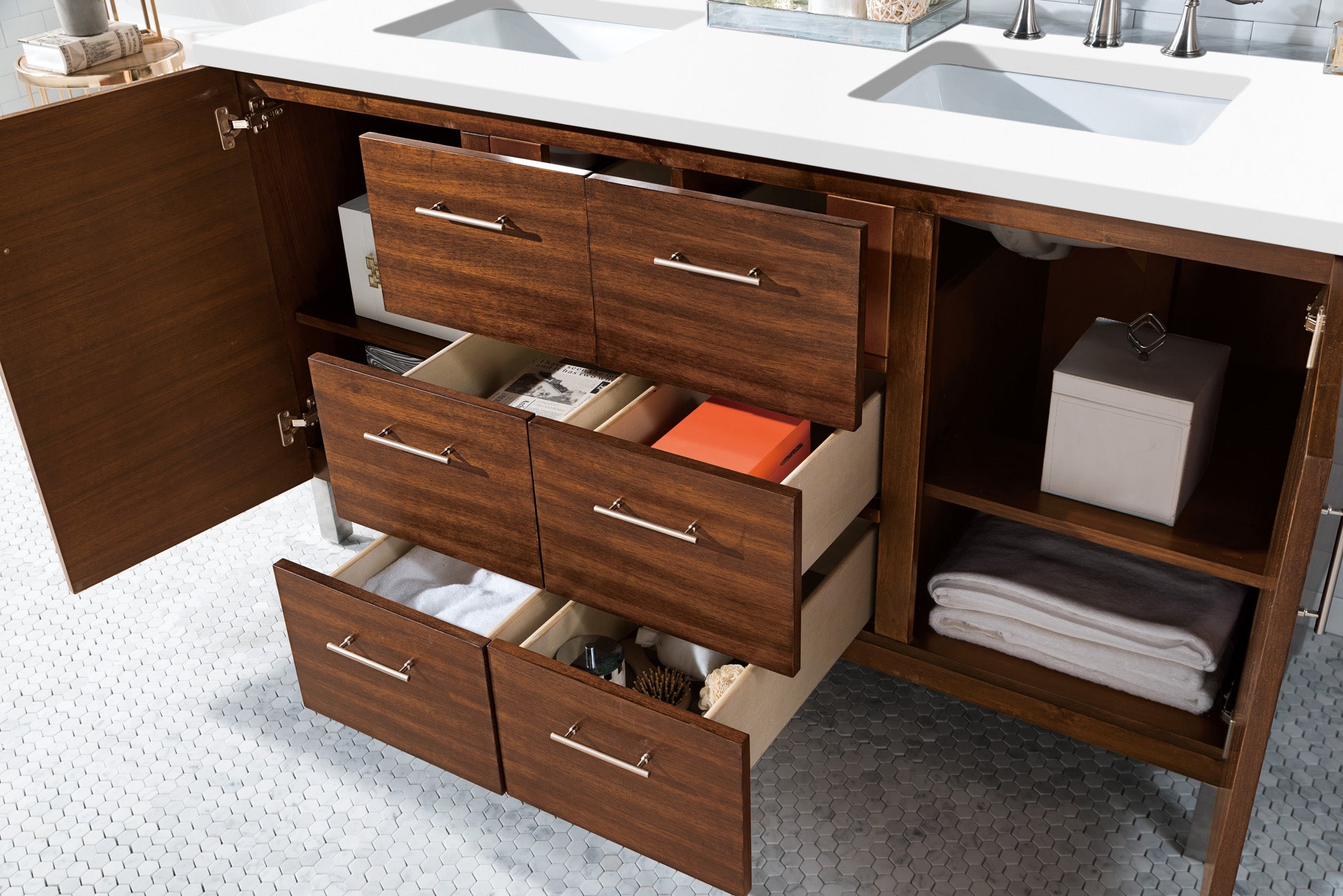 Metropolitan 60 Inch Double Bathroom Vanity with American Walnut Finish & 3CM Classic White Quartz Countertop - Perfect for Master Bathrooms, Guest Suites & Luxury Home Renovations