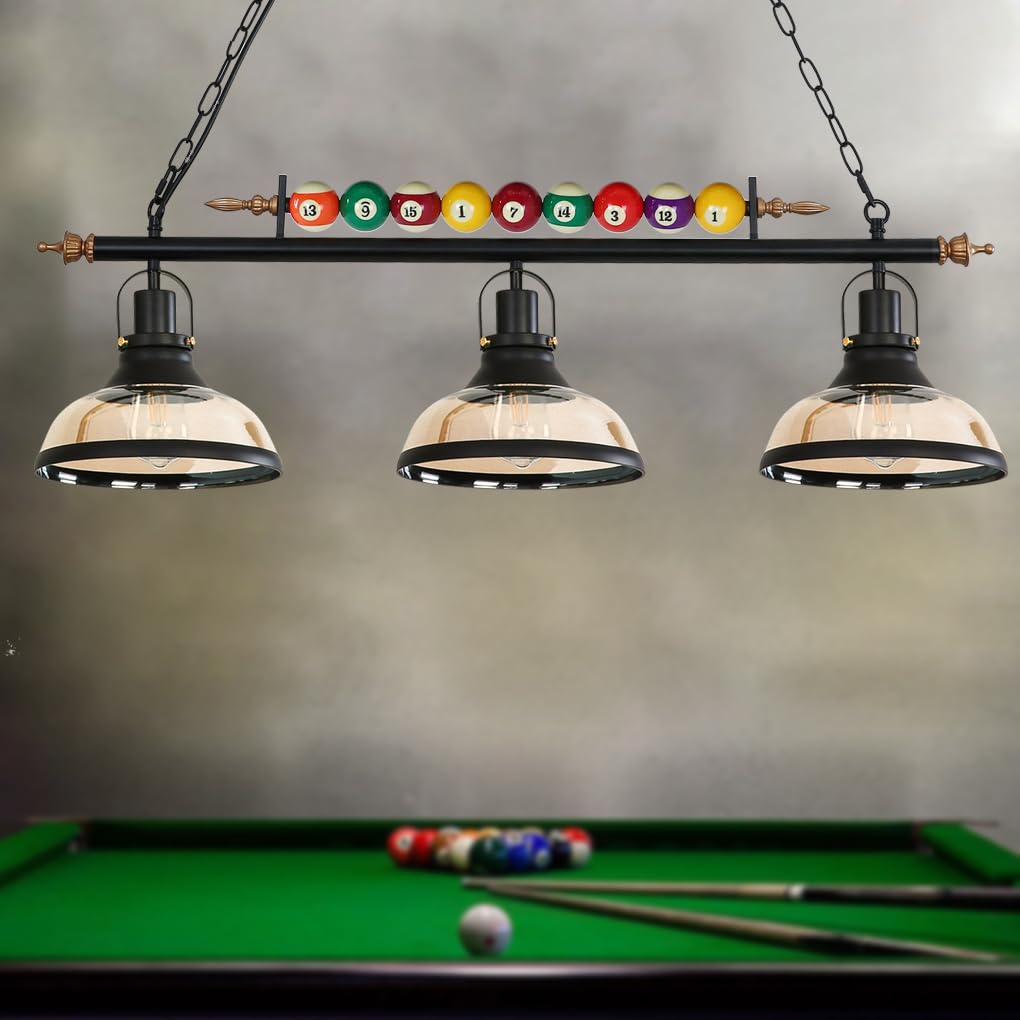 iMeshbean Pool Table Light - 7' to 8' Billiard Table Lighting Fixture with 3 Lamp Shades, Real Billiard Ball Design for Game Rooms, Bars & Cafes - Perfect for Kitchen Islands & Home Entertainment Spaces