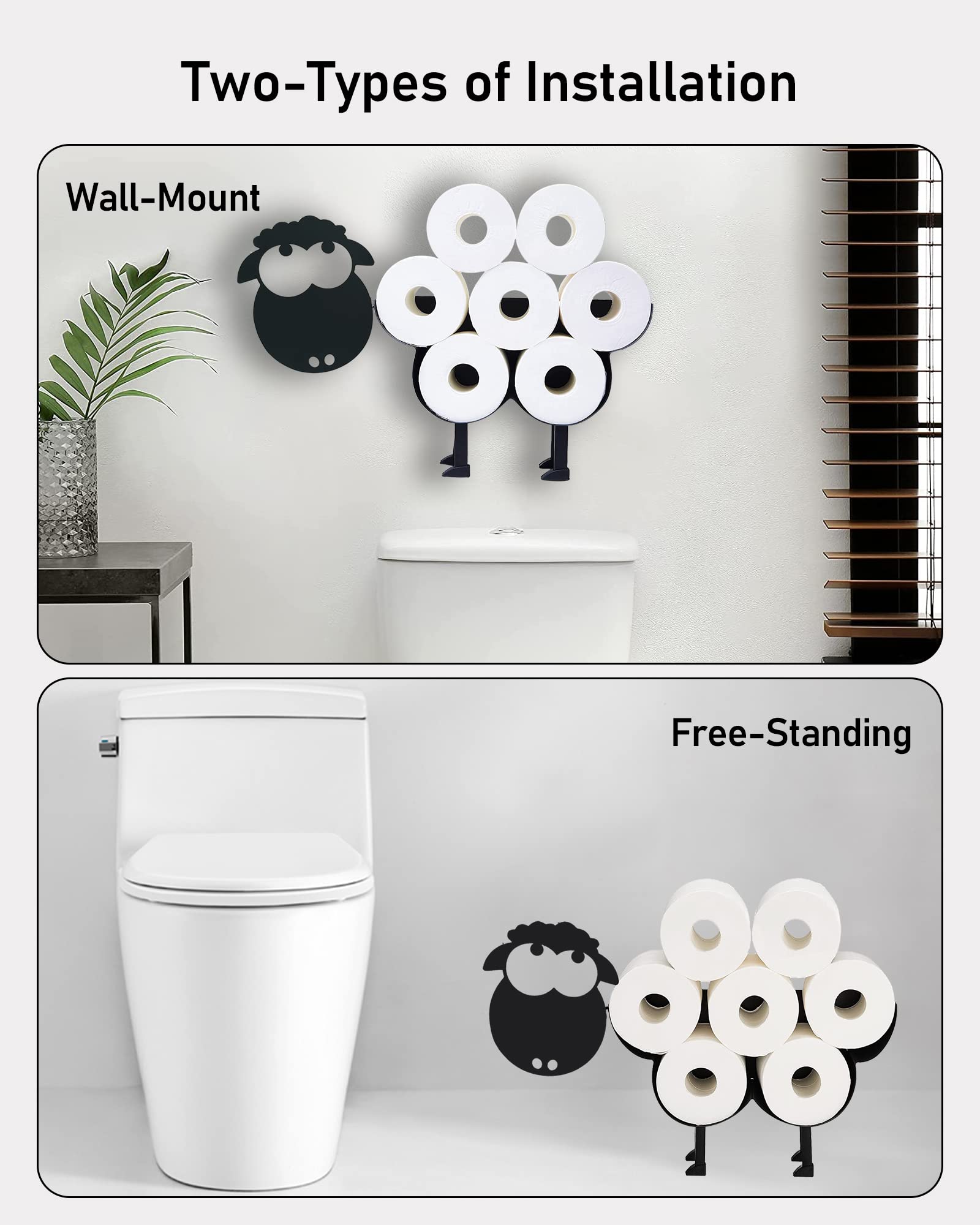 Funny Black Sheep Toilet Paper Holder - Metal Bathroom Tissue Storage Basket with 8 Roll Capacity - Cute Animal-Themed Kitchen & Bathroom Decor for Farmhouse, Rustic, or Kids' Room Style