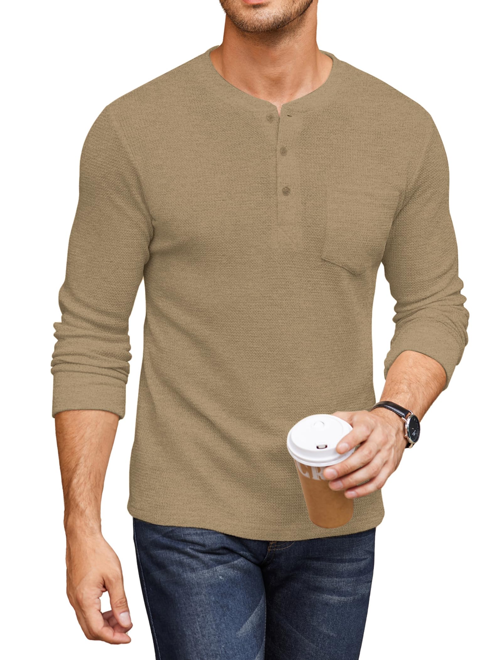 COOFANDY Men's Henley Shirts - Long Sleeve Waffle Pique Pullover T-Shirt with Pocket | Casual Button Down Shirt for Men | Perfect for Work, Date Night & Outdoor Activities