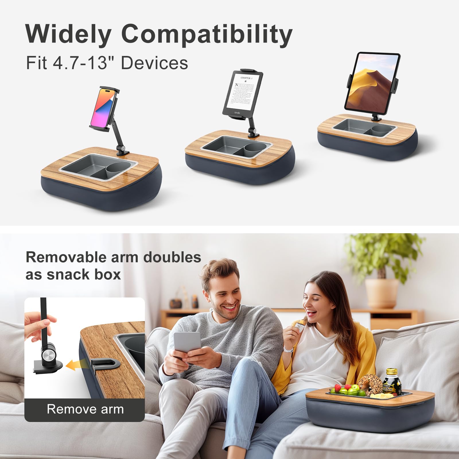 Adjustable Lap Beanbag Tablet Stand with 360° Rotating Clip & Snack Bowl - Compatible with iPad, Kindle, and Phones 4.7-13