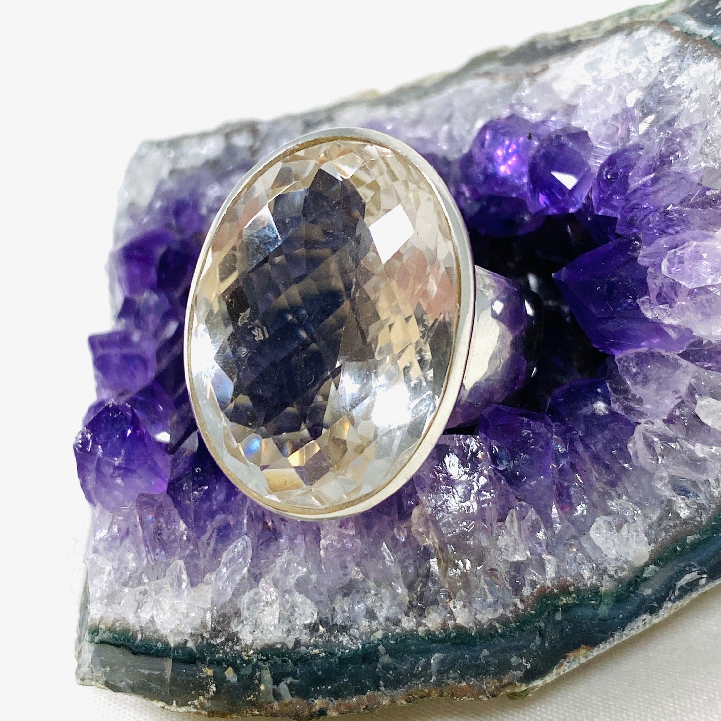 Natural Clear Quartz Oval Faceted Sterling Silver Ring Size 10 - Elegant Crystal Jewelry for Women, Perfect for Weddings, Parties & Everyday Wear