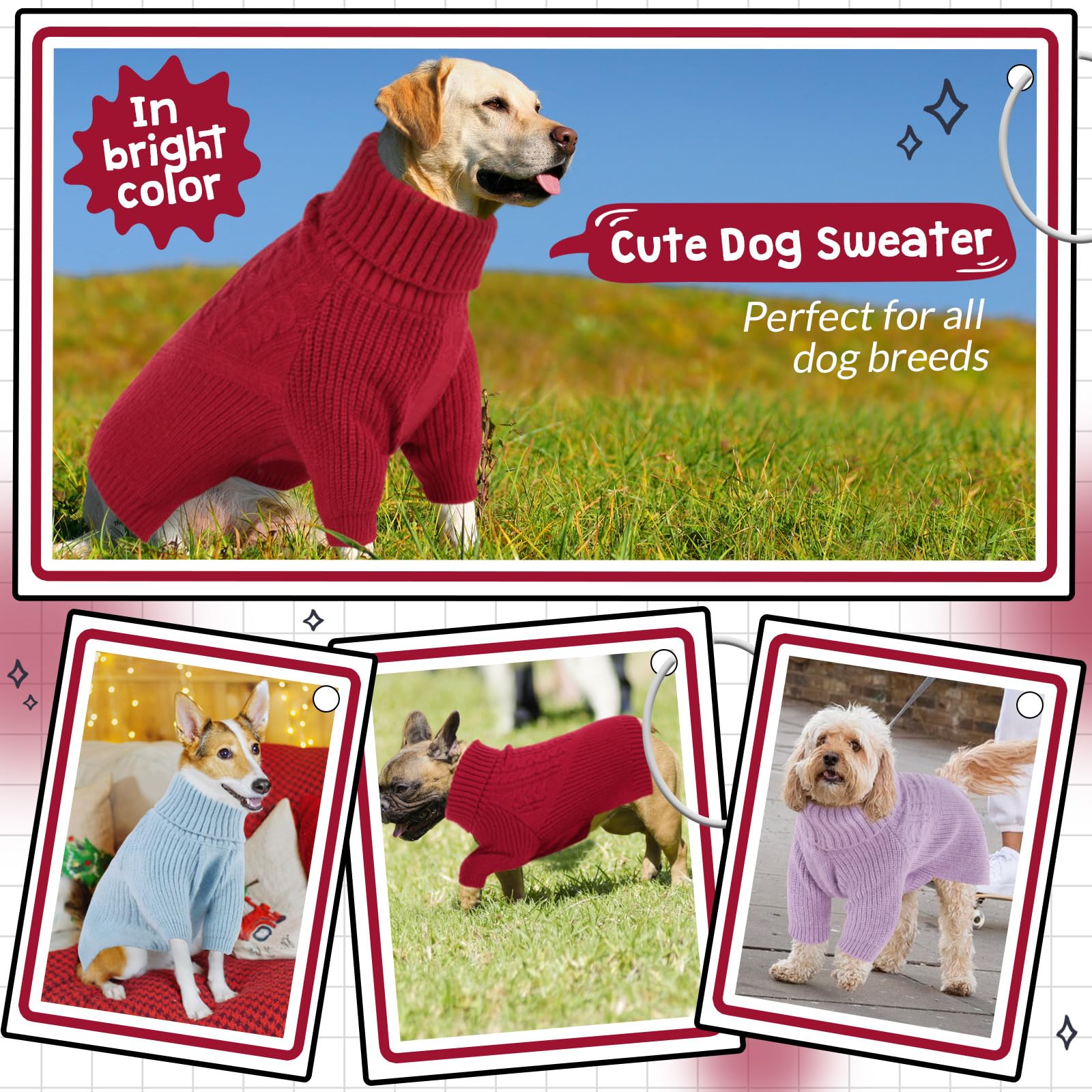 Queenmore Dog Sweater - Warm Winter Knit Puppy Sweater for Small to Large Dogs, Turtleneck Long Sleeve Christmas Sweater in Red (XS) - Cozy Outfit for Fall/Winter Walks, Holiday Photos & Indoor Comfort