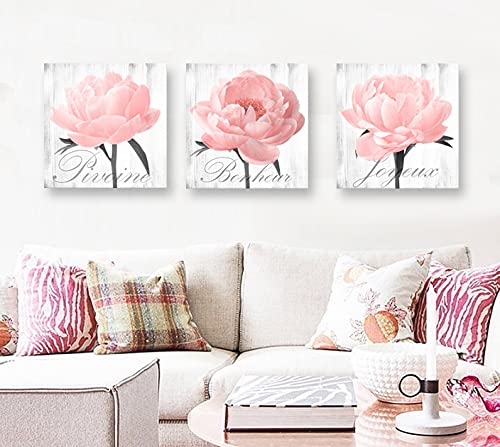 Framed Peony Wall Art - Pink Grey Flower Canvas Prints for Bedroom & Living Room Decor (16x16in x3) - Farmhouse Style Home Decoration