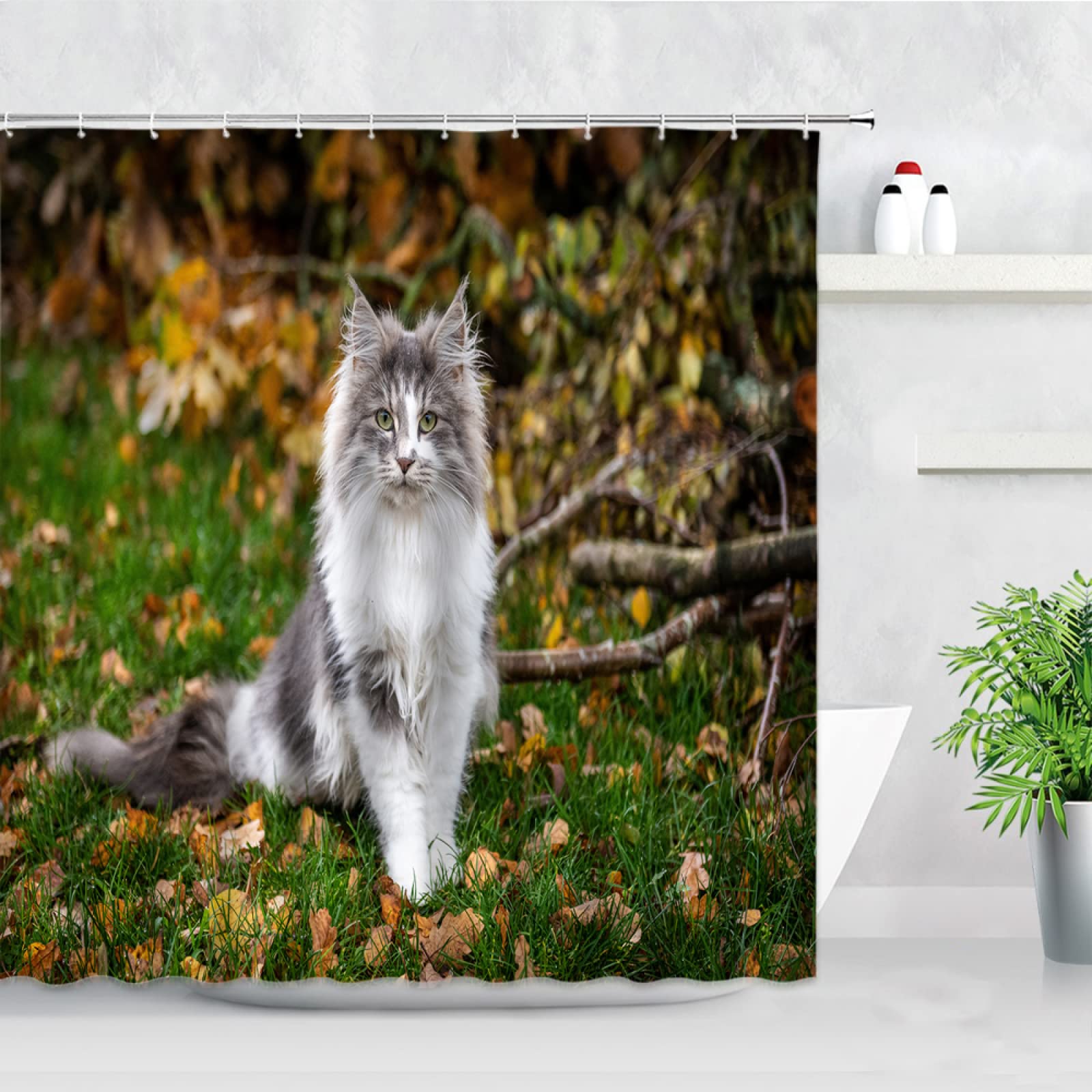 Norwegian Forest Cat Green Waterproof Shower Curtain 36x72 Inches with Hooks - Modern Polyester Bathroom Decor for Shower and Bathtub - Perfect for Nordic Style Bathrooms (90x180cm)