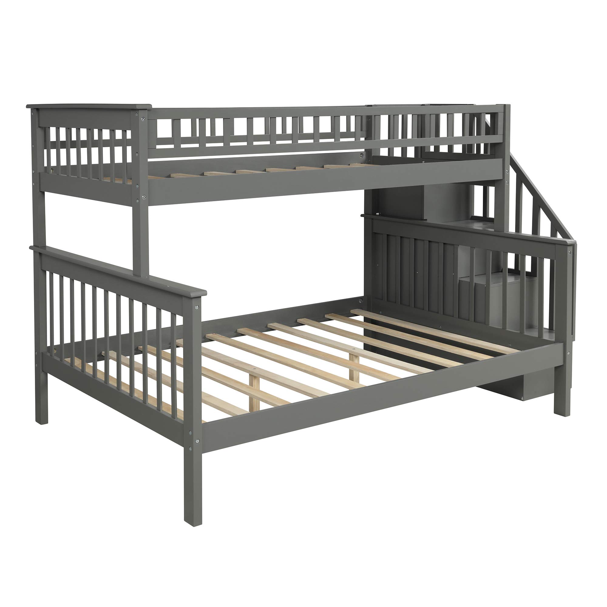 P PURLOVE Stackable Twin Over Full Bunk Bed with Stairway - Wooden Storage Bunk Bed with Shelves & Guard Rail for Kids & Teens - Convertible into 2 Separate Beds - Gray Bed Frame - Perfect for Small Bedrooms, Dorms & Shared Kids' Rooms