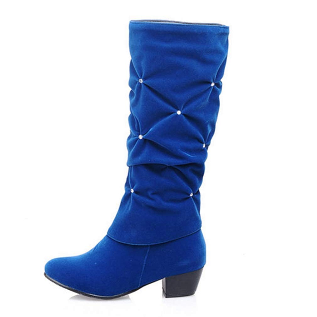 GIY Women's Slouch Mid Calf Riding Boots - Rhinestone Suede Round Toe Fashion Boots with Low Heel for Comfort | Perfect for Casual Outfits, Office Wear & Date Nights