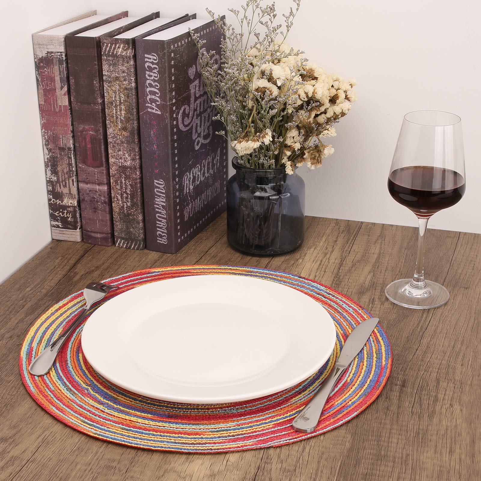 6-Pack Washable Round Woven Placemats for Dining Table - 15 Inch Kitchen Table Mats in Rainbow Red | Perfect for Everyday Meals, Dinner Parties & Holiday Decor