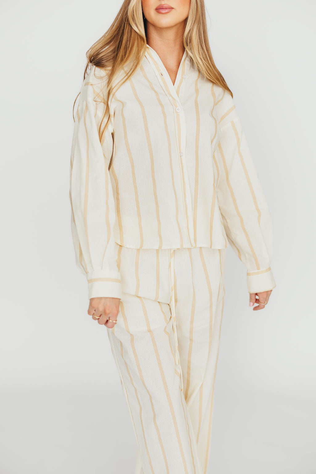Sicily Button Down Nursing Top - Beige Striped Shirt for Breastfeeding Moms | Comfortable & Stylish Maternity Wear for Work, Outings & Everyday Use