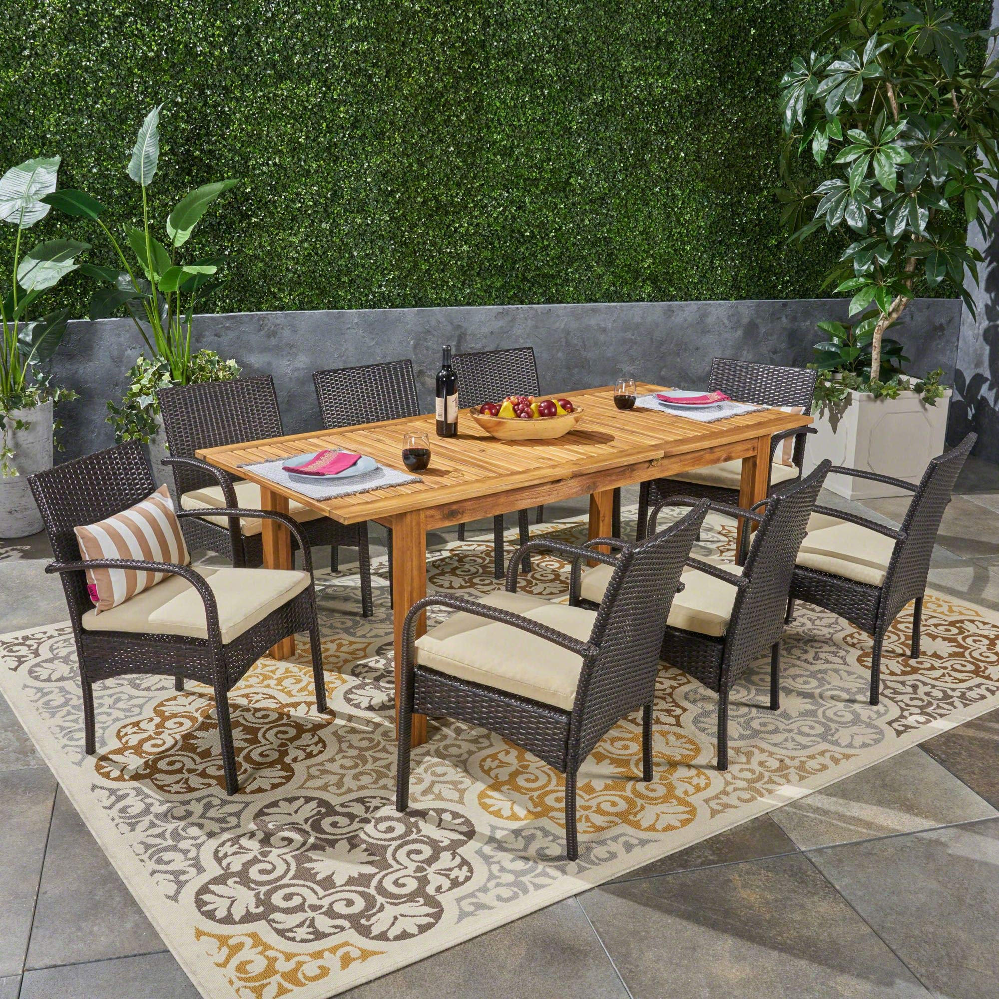 9-Piece Brown Wicker Outdoor Patio Dining Set with Cream White Cushions - Contemporary Rattan Furniture for Garden, Backyard & Poolside Dining