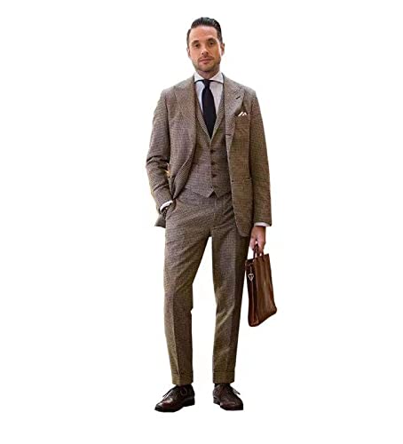 Premium Houndstooth Brown 3-Piece Men's Suit - Slim Fit Check Tuxedo with Peaked Lapel (Blazer, Vest & Pants) for Wedding, Formal Events & Business Occasions