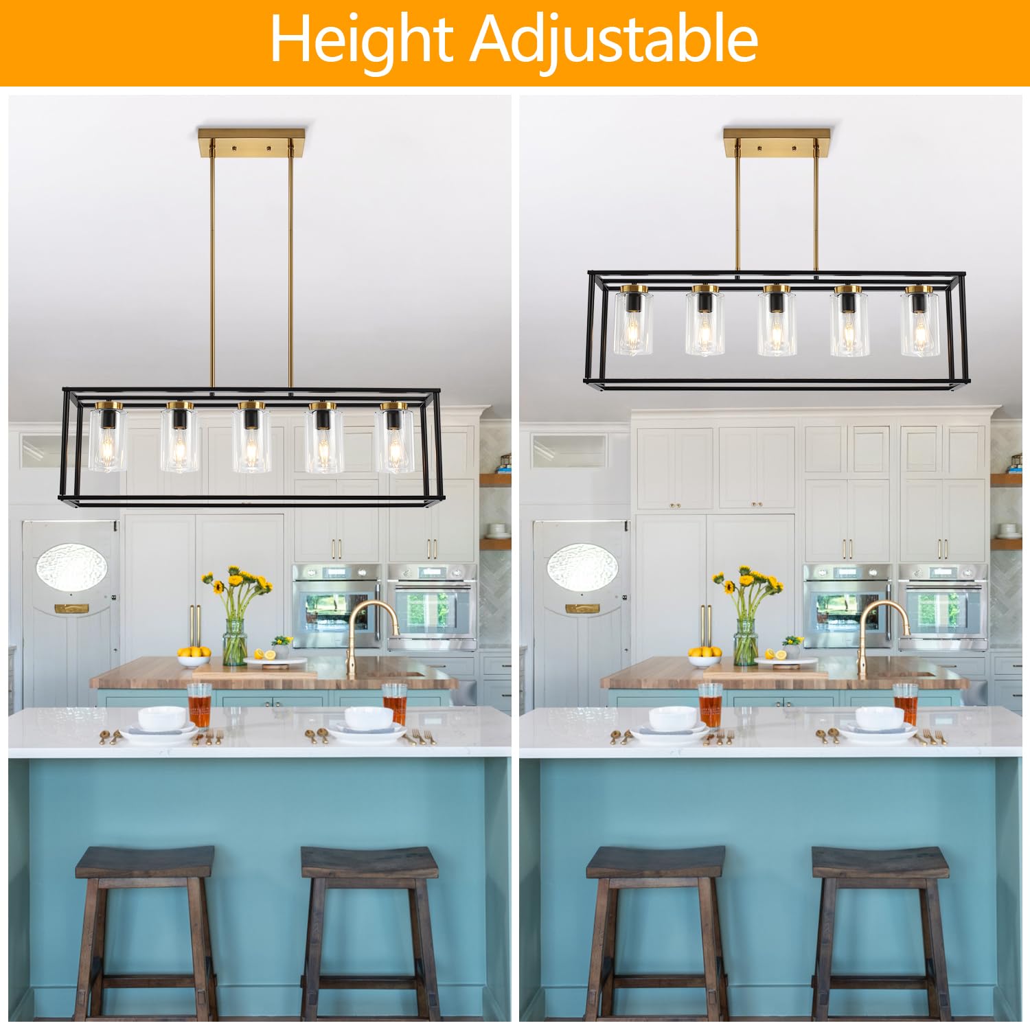 36 Inch Modern Farmhouse Pendant Light - Adjustable Height Industrial Chandelier with Glass Shade for Kitchen Island & Dining Room Lighting | Perfect for Farmhouse, Industrial & Contemporary Home Decor