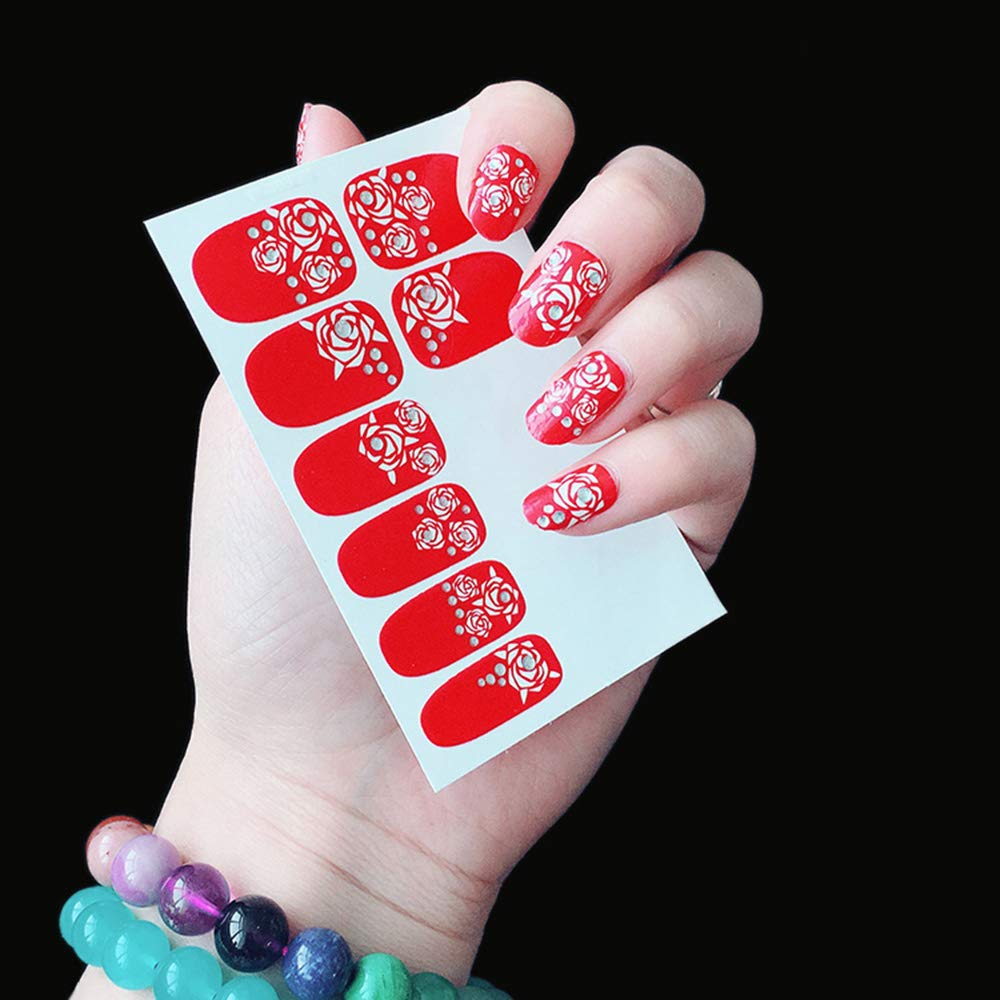 EXCLUZO 4pcs Full Nail Art Sticker Paper - Red Flowers Pattern Nail Stickers, DIY Manicure Decals for Nail Art Decoration | Perfect for Parties, Weddings, and Special Occasions