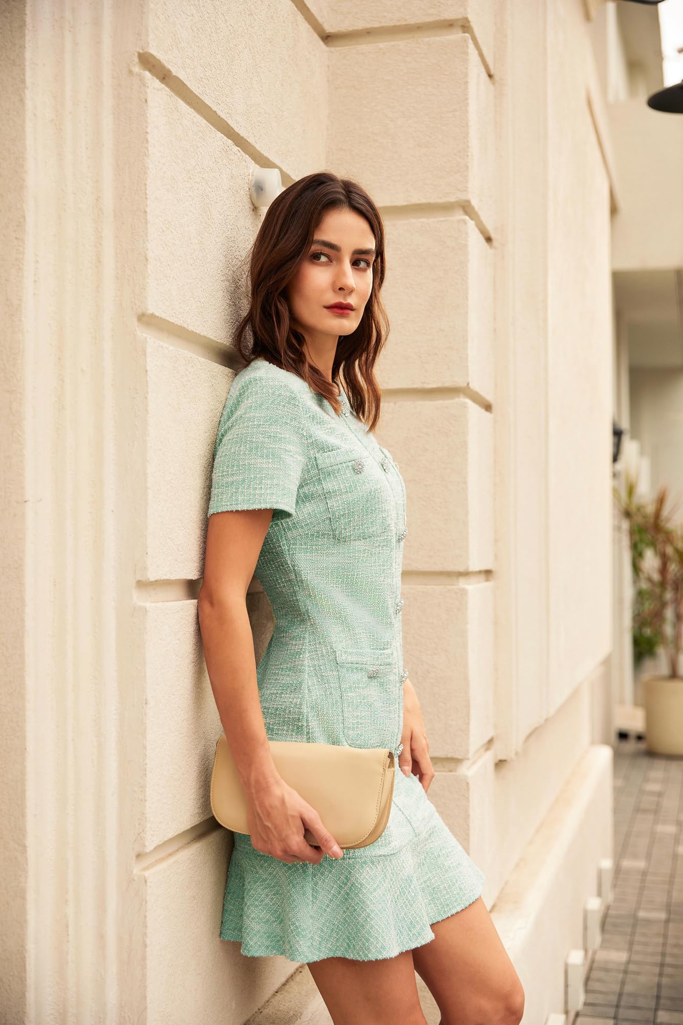GRACE KARIN Women's Tweed Dress 2025 | Summer Short Sleeve Button Down Bodycon Dress | Elegant Work & Office Mini Dress with Pockets | Casual Party & Date Night Outfit