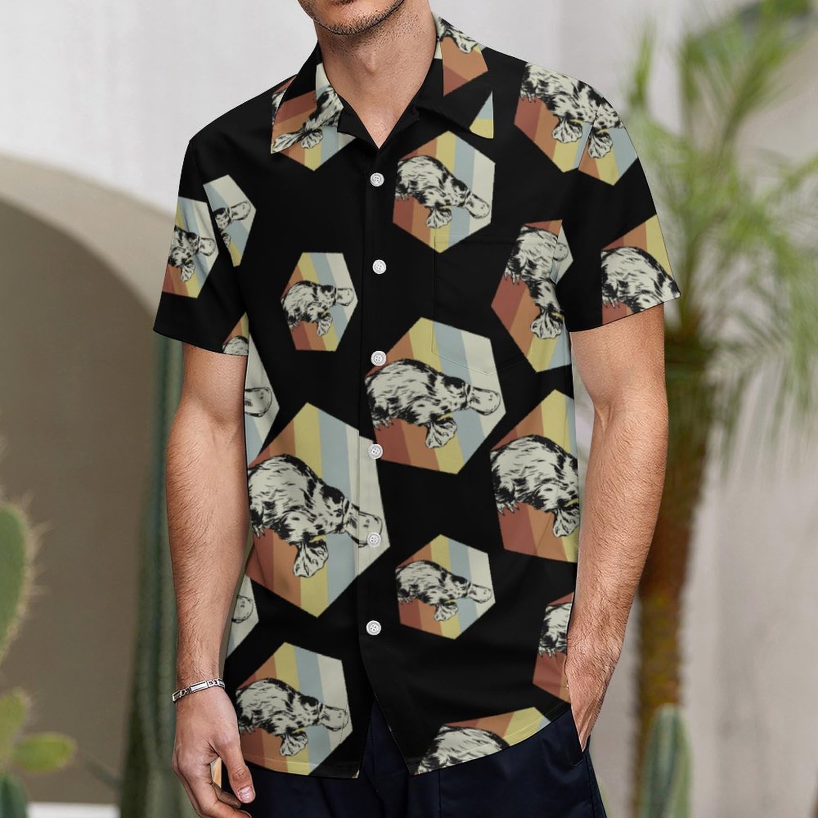Men's Rainbow Platypus Hawaiian Shirt - Short Sleeve Button Down Tropical Beach Shirt for Summer Vacation & Holiday Parties | Casual Wear for Beach Outings, Luau Events and Tropical Getaways