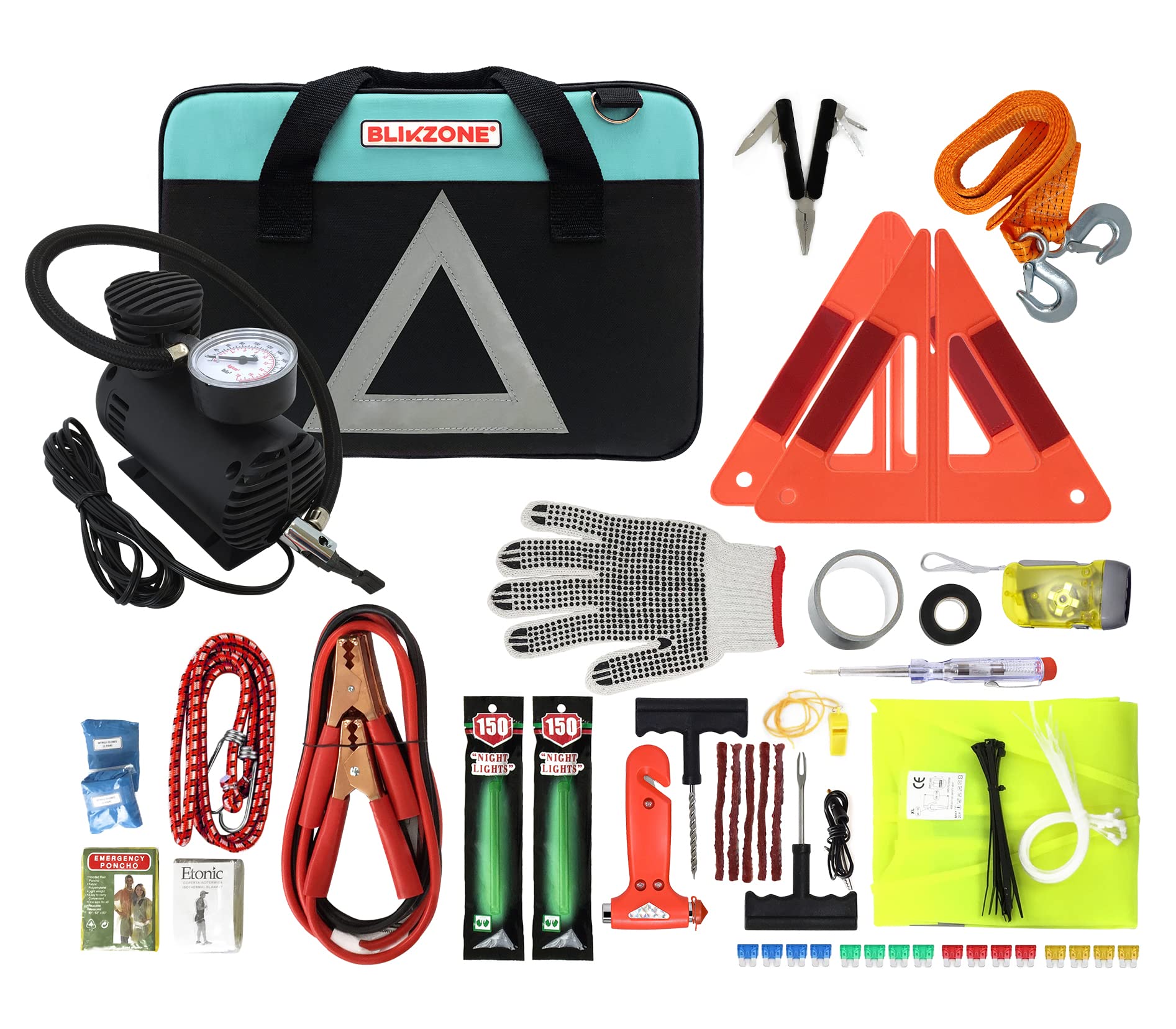 BLIKZONE 81-Piece Roadside Emergency Car Kit with Portable Air Compressor, Jumper Cables & Tire Repair Kit – Essential Car Accessories for Safe Driving – Perfect for Road Trips, Commuting & Vehicle Emergencies