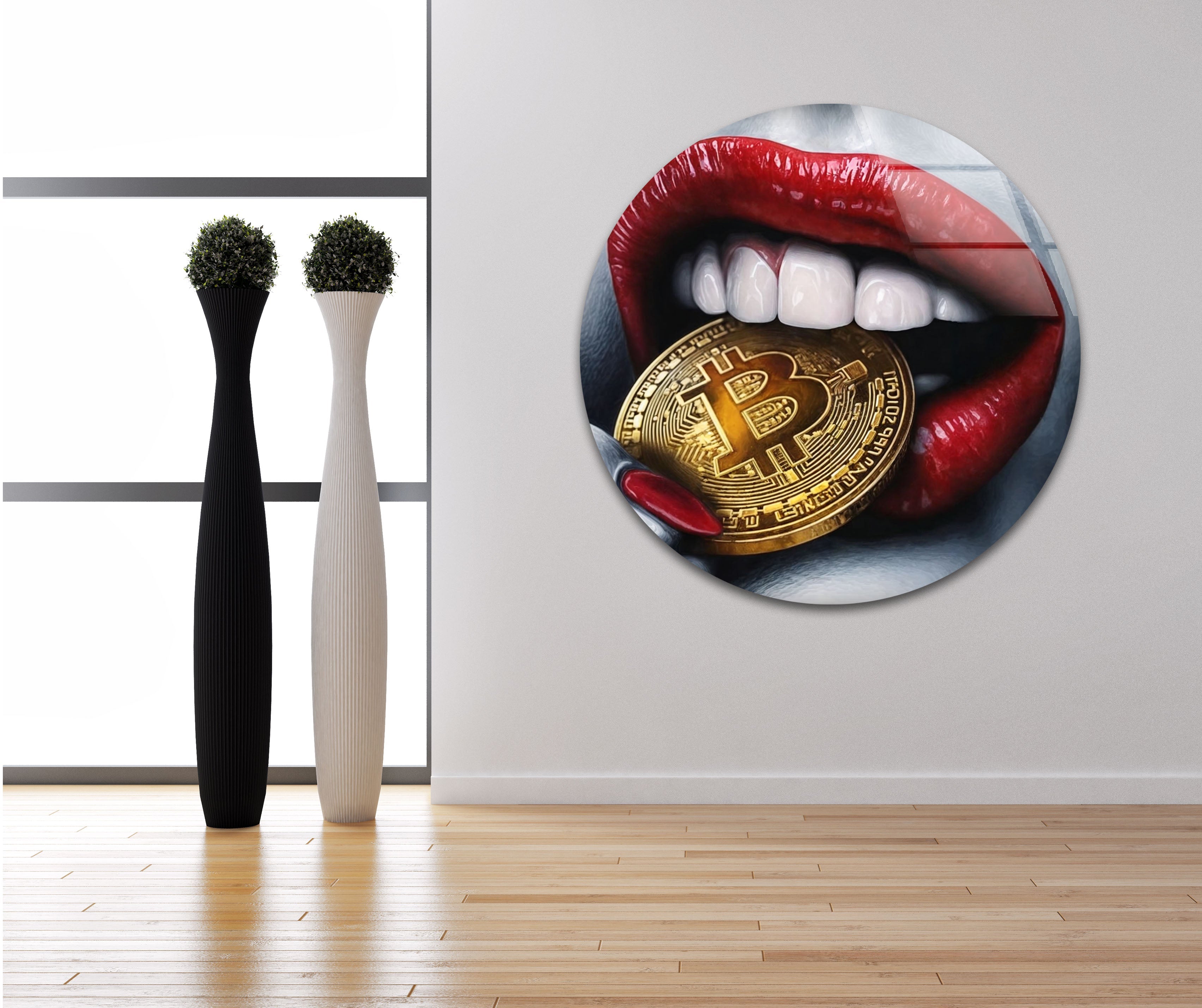 Bitcoin & Red Lips Glass Wall Art - Modern Crypto Themed Home Decor for Living Room, Bedroom or Office - Unique Gift Idea for Bitcoin Enthusiasts