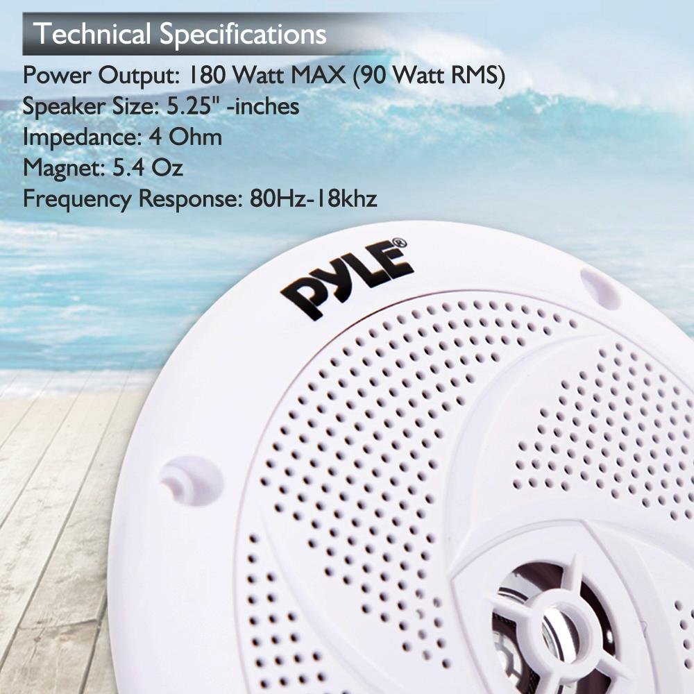 Pyle Marine Speakers - 5.25 Inch 2-Way Waterproof Weather Resistant Outdoor Stereo Sound System with 180W Power, Slim Low Profile Design - 1 Pair (White) - Perfect for Boats, Pools, and Patios